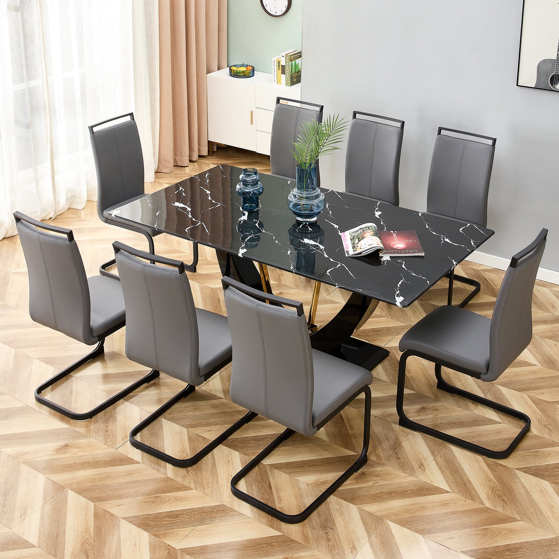 Modern Minimalist And Luxurious Black Imitation Marble Texture Dining Table Rectangular Office Desk.Game Desk .Desk.For Dining Room, Living Room, Terrace, Kitchen F 907 Black Mdf Glass