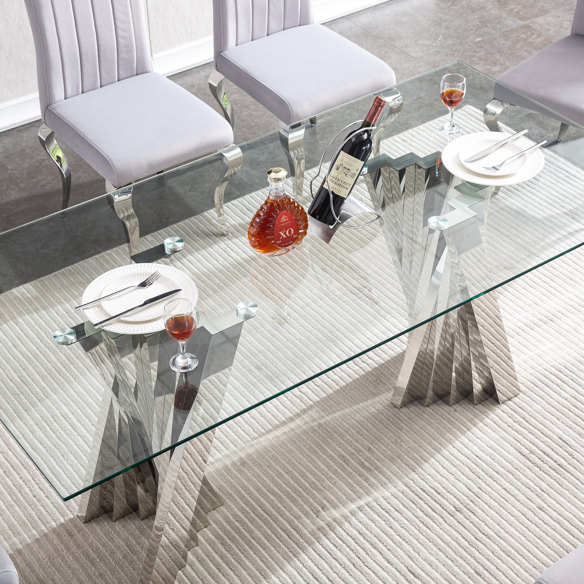 Tempered Glass Top Dining Table With Silver Mirror Finish Stainless Steel Base Silver Tempered Glass