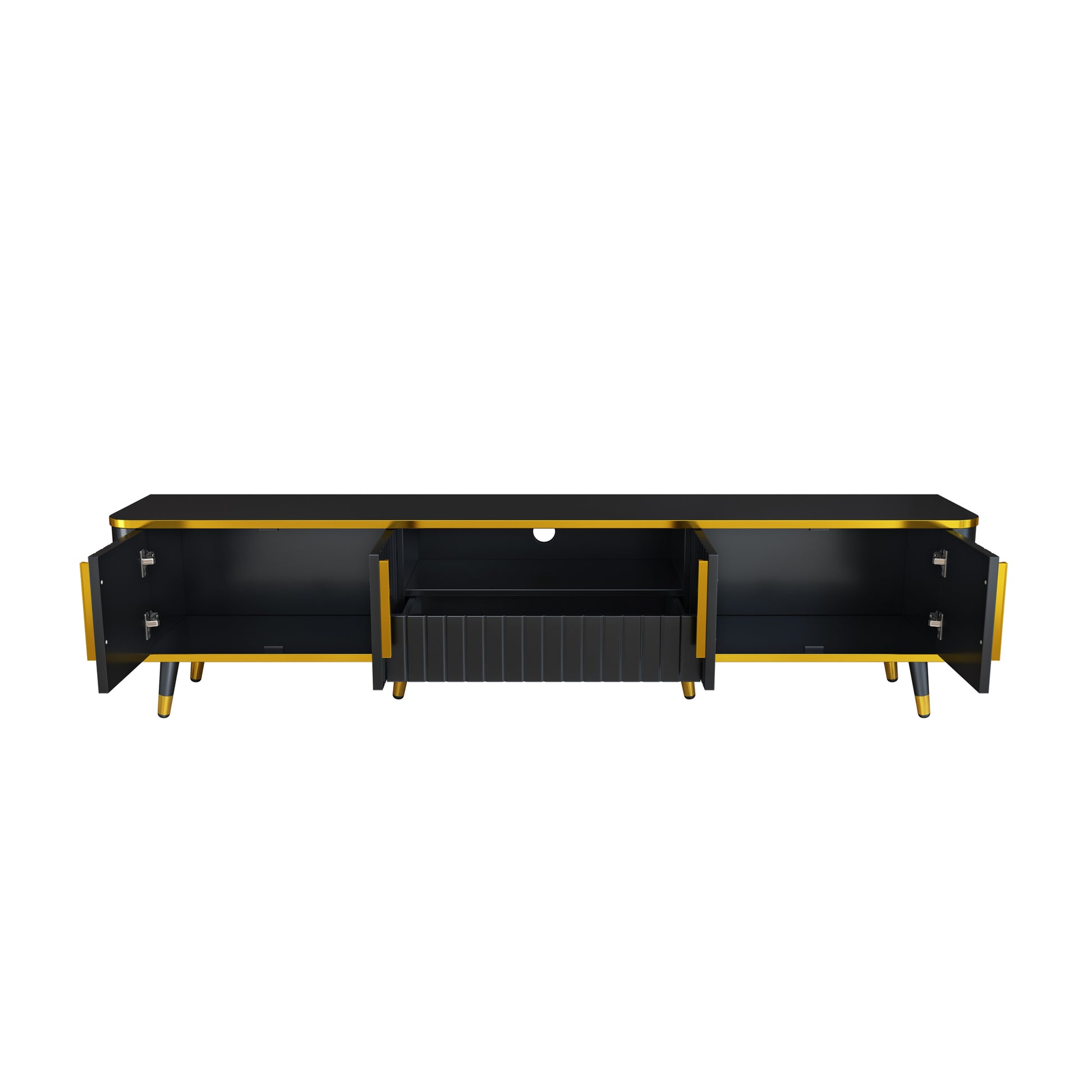 Luxury Minimalism Tv Stand With Open Storage Shelf For Tvs Up To 85", Entertainment Center With Cabinets And Drawers, Practical Media Console With Unique Legs For Living Room, Black Gold Black Primary Living Space 80 89 Inches 80 89 Inches 85 Inches