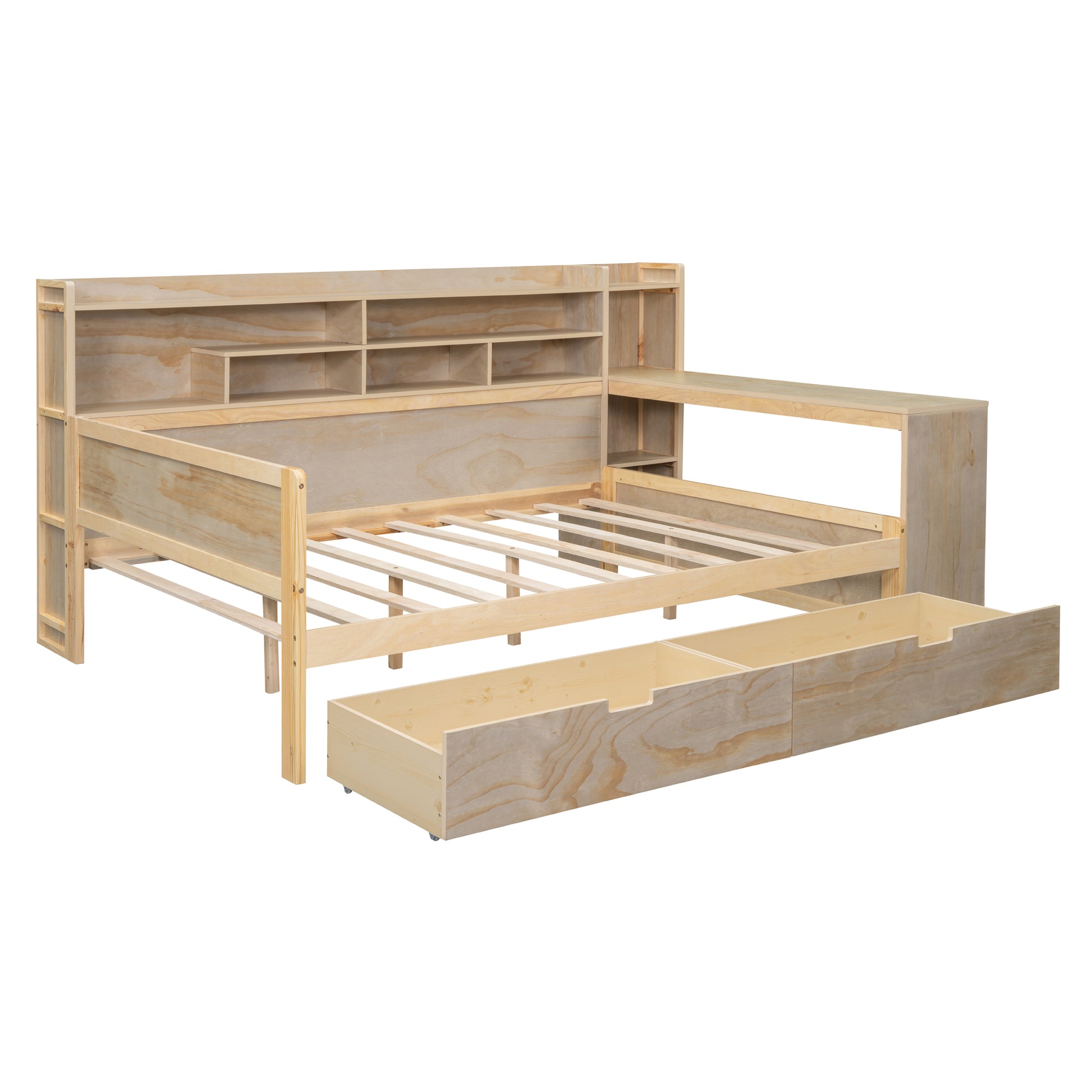 Wooden Full Size Daybed With Storage Shelves, Multi Functional Bed With Two Storage Drawers And Study Desk, Natural Full Natural Wood