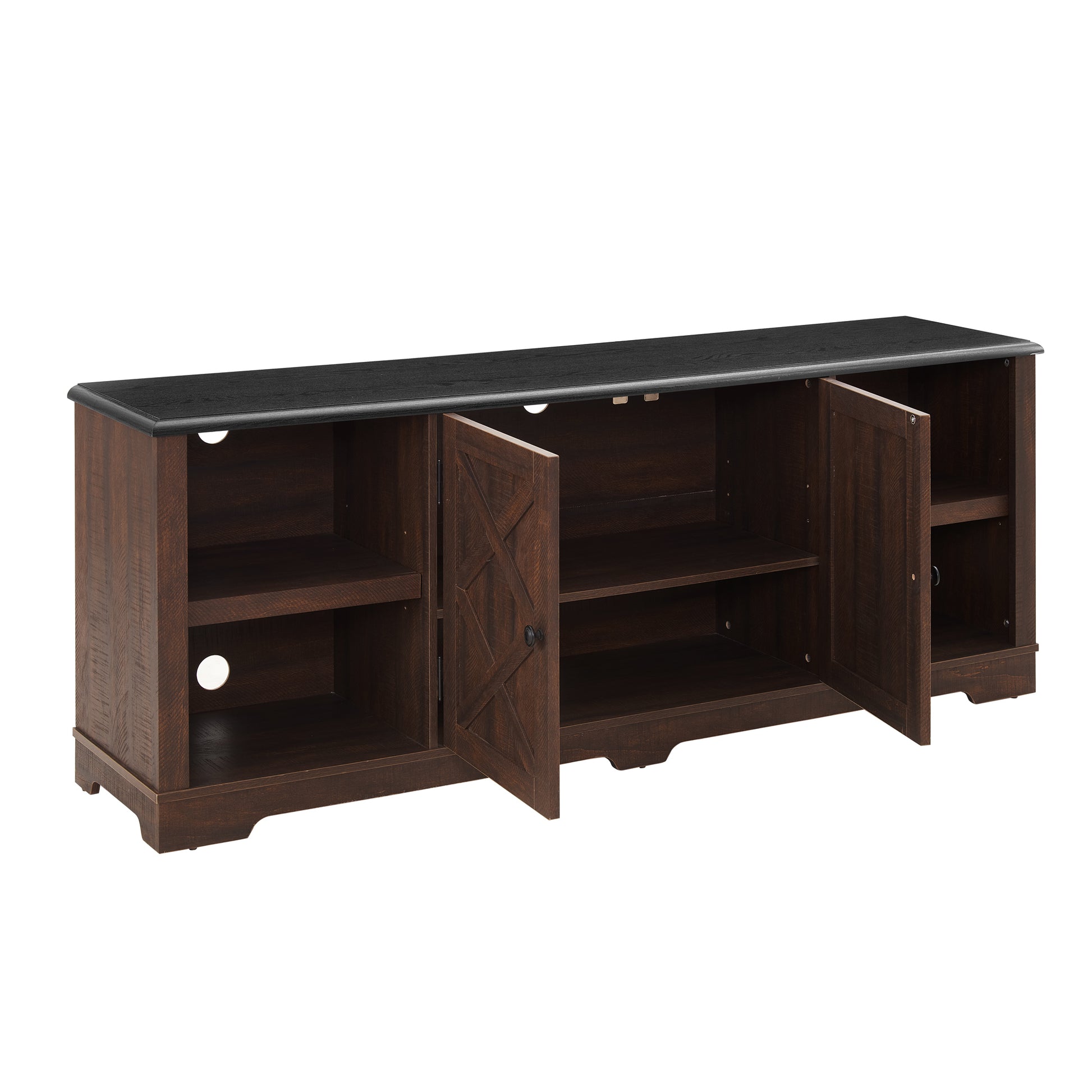 Modern Farmhouse Tv Media Stand, Large Barn Inspired Home Entertainment Console, For Tv Up To 80'', With Open Shelves And Closed Cabinets, Espresso And Black, 70"W*15.55"D*26.89"H Espresso 70 79 Inches 80 Inches Mdf