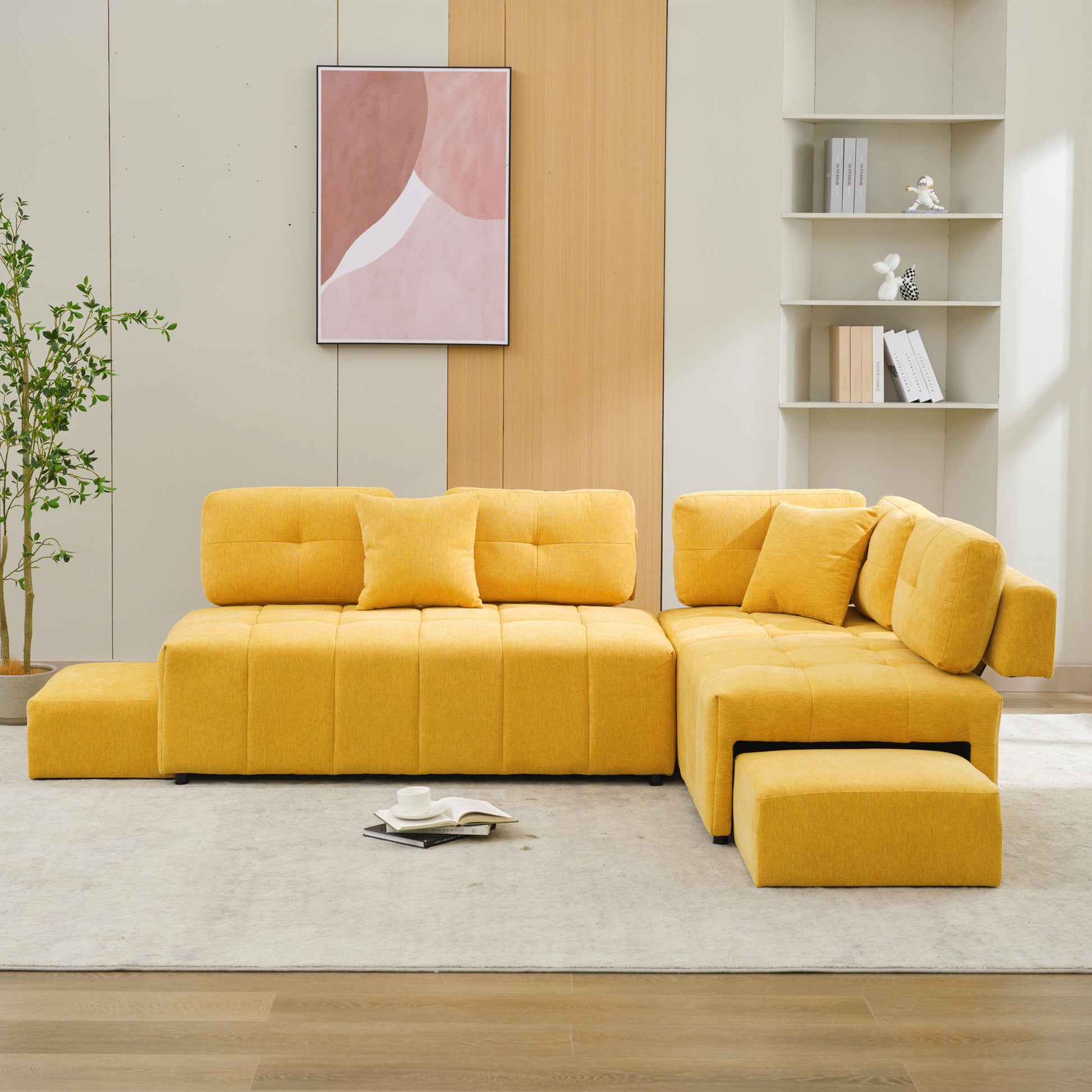 91.73" L Shaped Sofa Sectional Sofa Couch With 2 Stools And 2 Lumbar Pillows For Living Room, Yellow Yellow Chenille