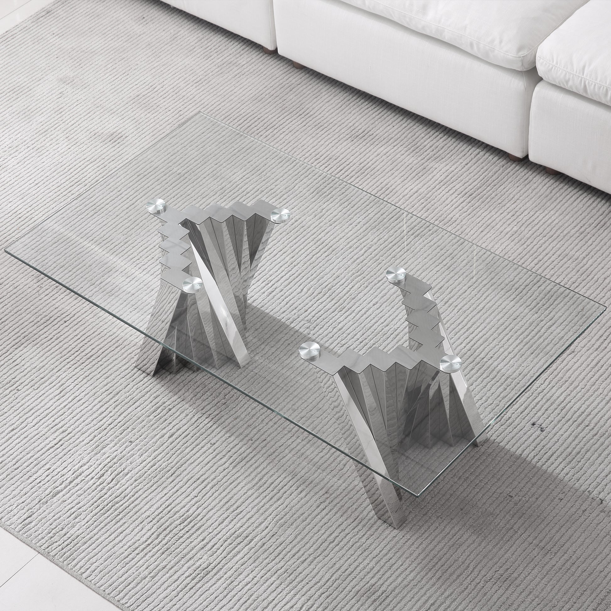 Tempered Glass Top Coffee Table With Silver Mirror Finish Stainless Steel Base Silver Tempered Glass