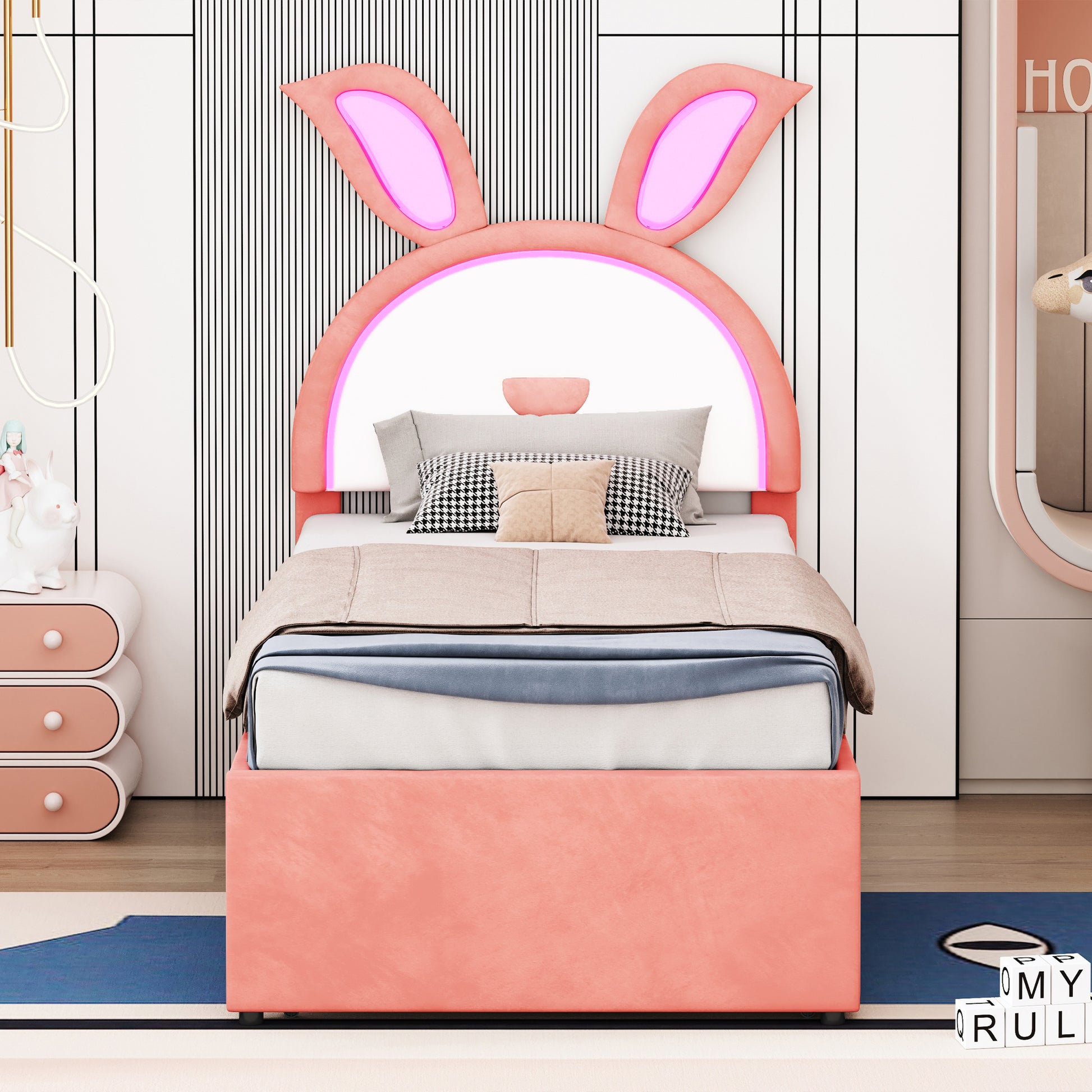 Twin Size Upholstered Platform Bed With Trundle And 3 Drawers, Rabbit Shaped Headboard With Embedded Led Lights, Pink Pink Velvet