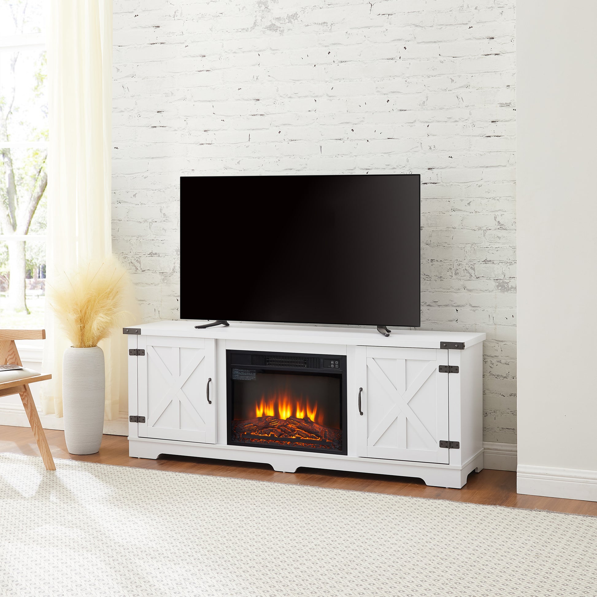 Modern Farmhouse Tv Media Stand, Large Barn Inspired Home Entertainment Console, With 23" Fireplace Insert, For Tv Up To 70'', With Open Shelves And Closed Cabinets, White, 64.8"W*15.67"D*24.29"H White 60 69 Inches 70 Inches Mdf