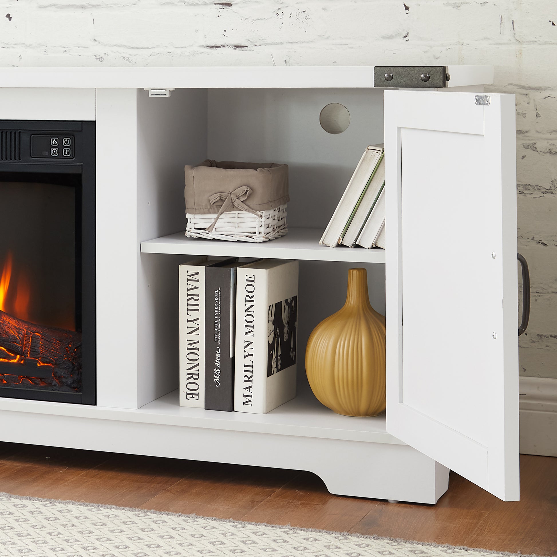 Modern Farmhouse Tv Media Stand, Large Barn Inspired Home Entertainment Console, With 23" Fireplace Insert, For Tv Up To 70'', With Open Shelves And Closed Cabinets, White, 64.8"W*15.67"D*24.29"H White 60 69 Inches 70 Inches Mdf