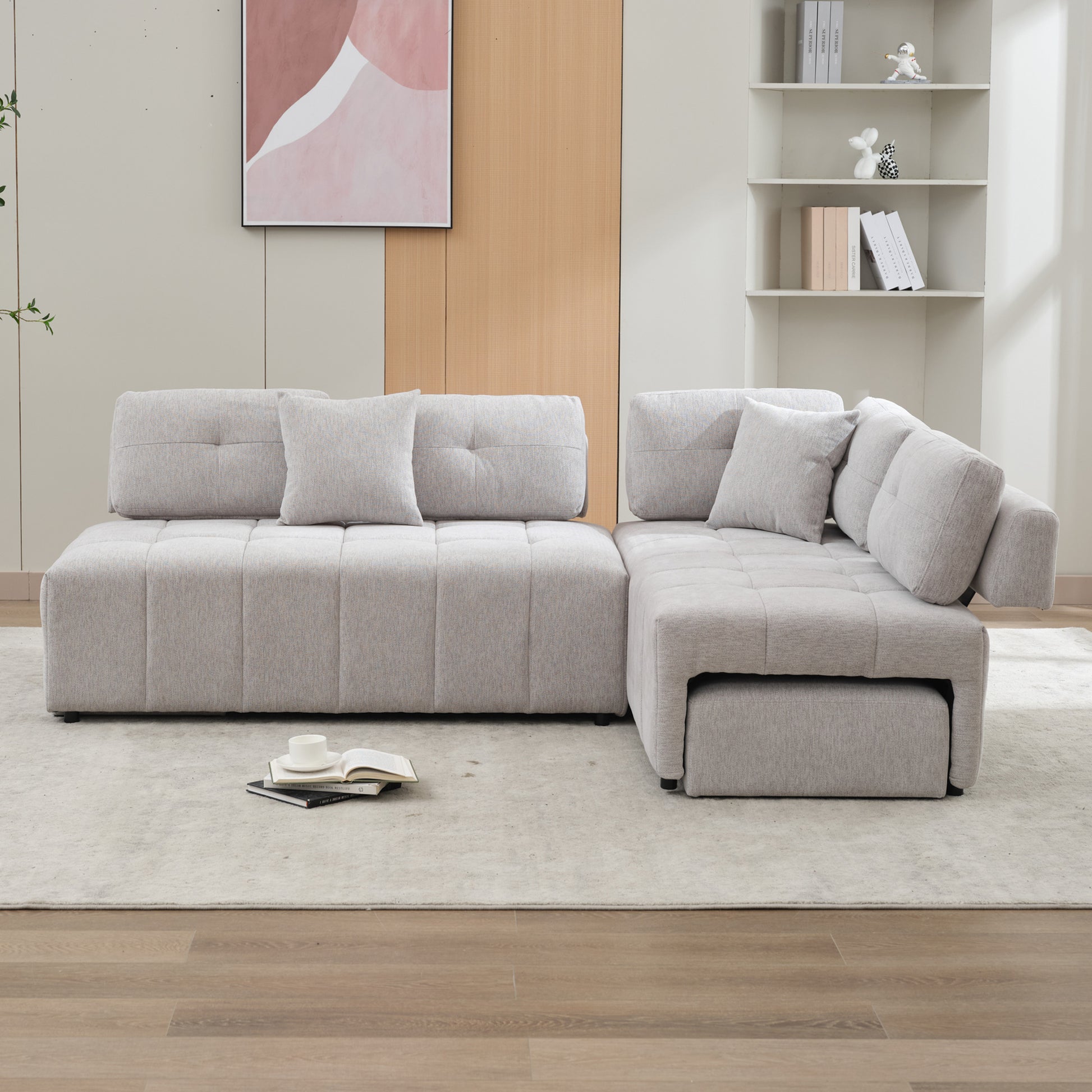 91.73" L Shaped Sofa Sectional Sofa Couch With 2 Stools And 2 Lumbar Pillows For Living Room, Light Grey Light Grey Chenille