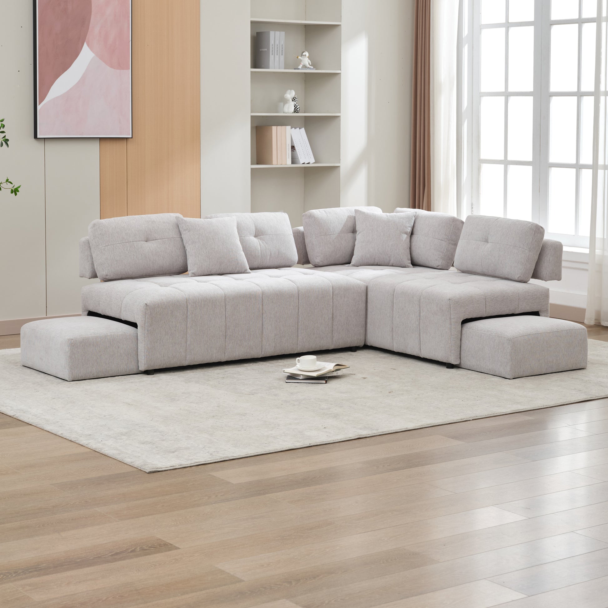 91.73" L Shaped Sofa Sectional Sofa Couch With 2 Stools And 2 Lumbar Pillows For Living Room, Light Grey Light Grey Chenille