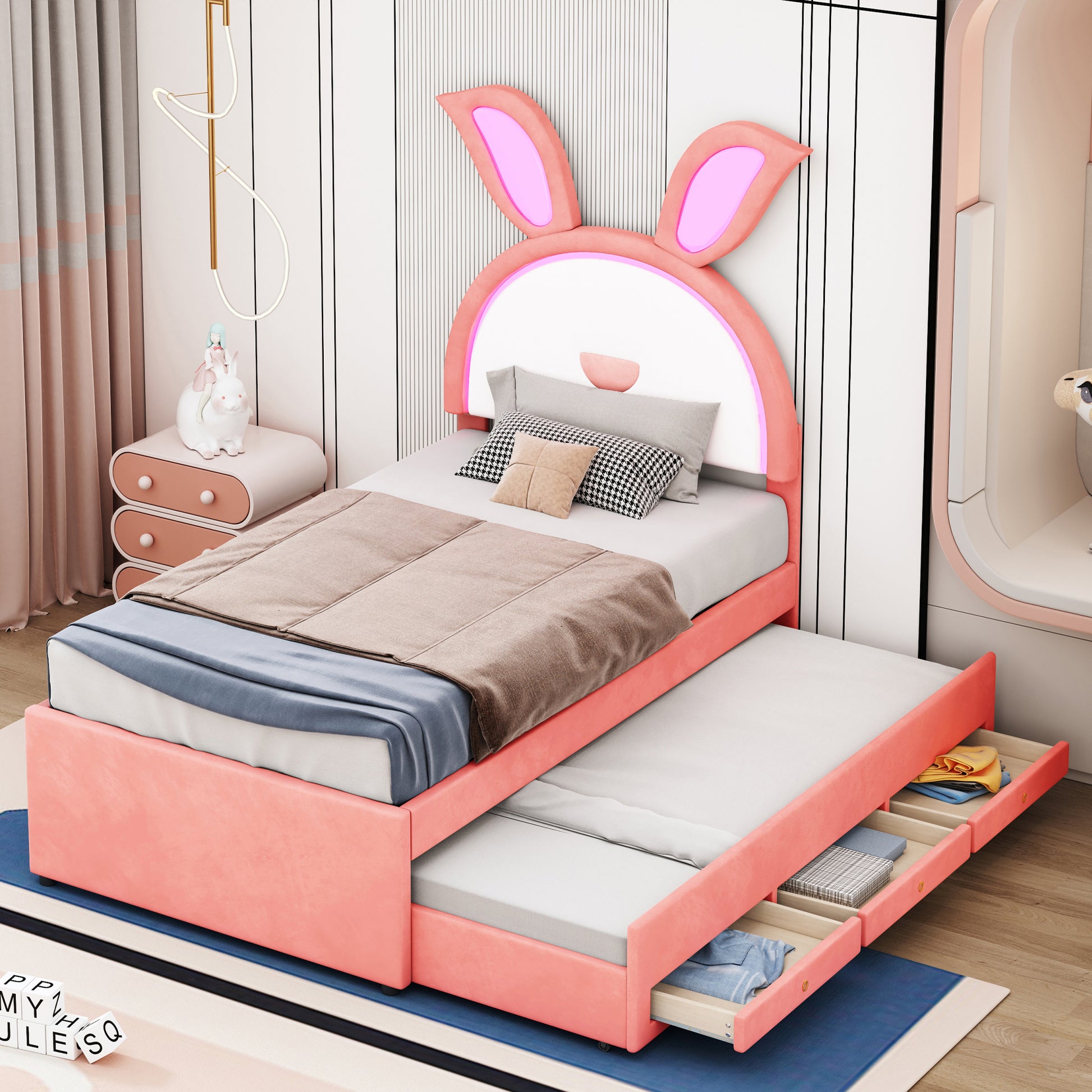 Twin Size Upholstered Platform Bed With Trundle And 3 Drawers, Rabbit Shaped Headboard With Embedded Led Lights, Pink Pink Velvet