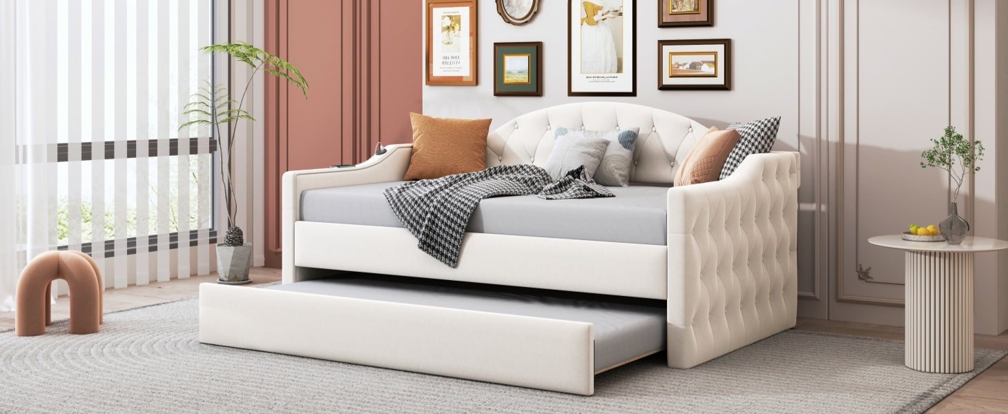 Twin Size Tufted Upholstered Daybed With Trundle ,Velvet Sofabed With Usb&Type C Charging Ports,No Box Spring Needed, Beige Beige Velvet