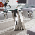 Tempered Glass Top Dining Table With Silver Mirror Finish Stainless Steel Base Silver Tempered Glass