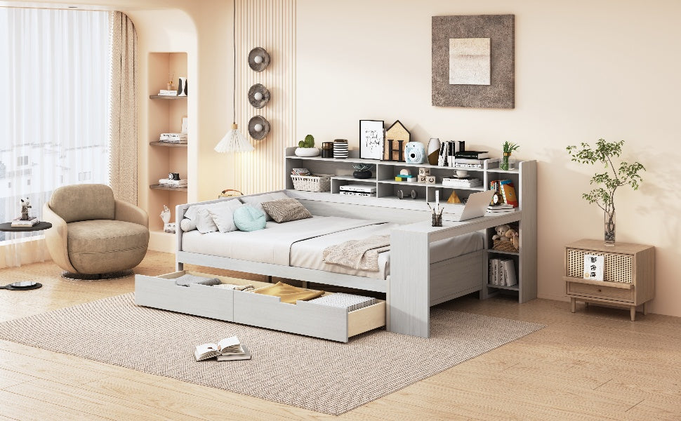 Wooden Full Size Daybed With Storage Shelves, Multi Functional Bed With Two Storage Drawers And Study Desk, Antique White Old Sku: Hl000089Aak Full Antique White Wood