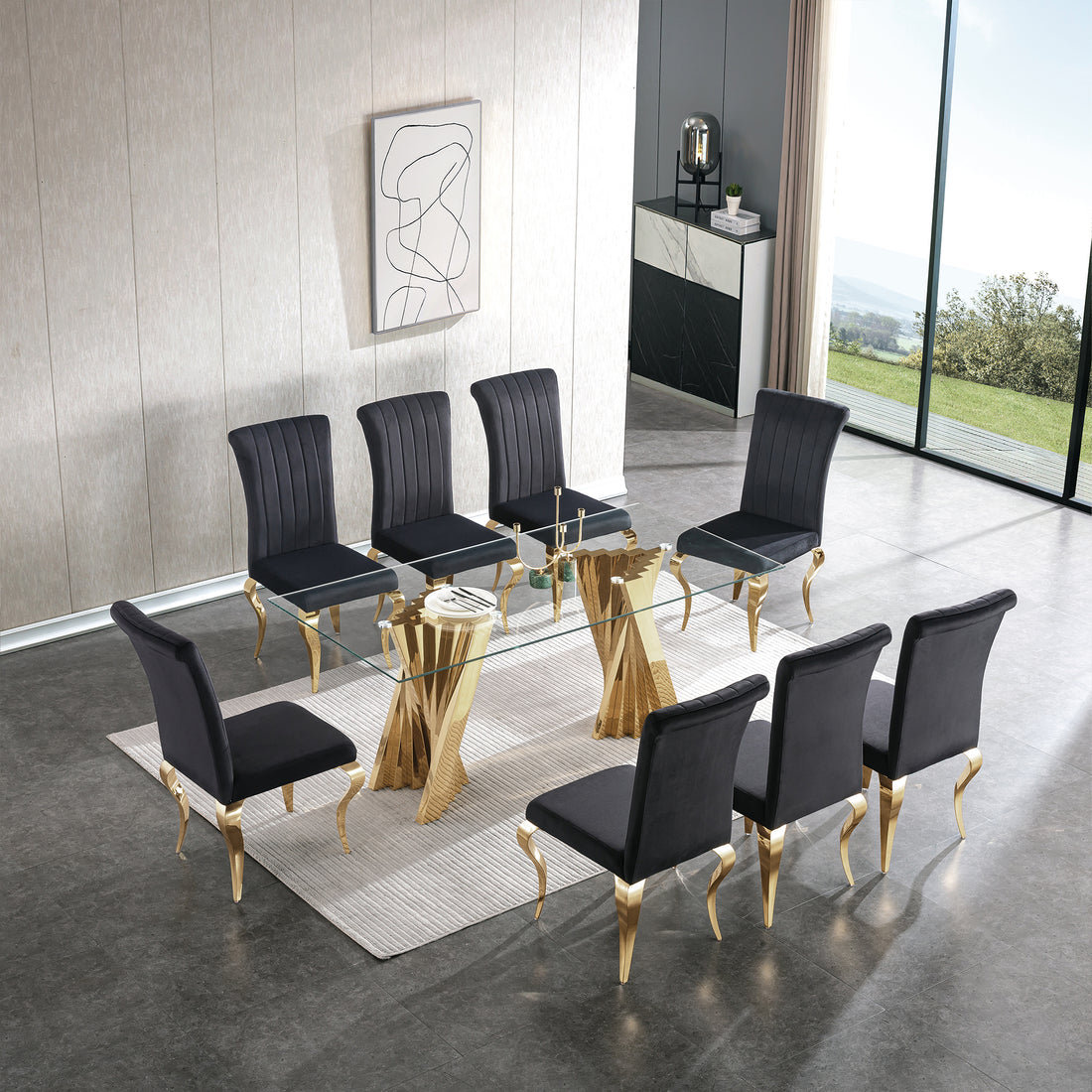 Tempered Glass Top Dining Table With Gold Mirror Finish Stainless Steel Base Gold Tempered Glass