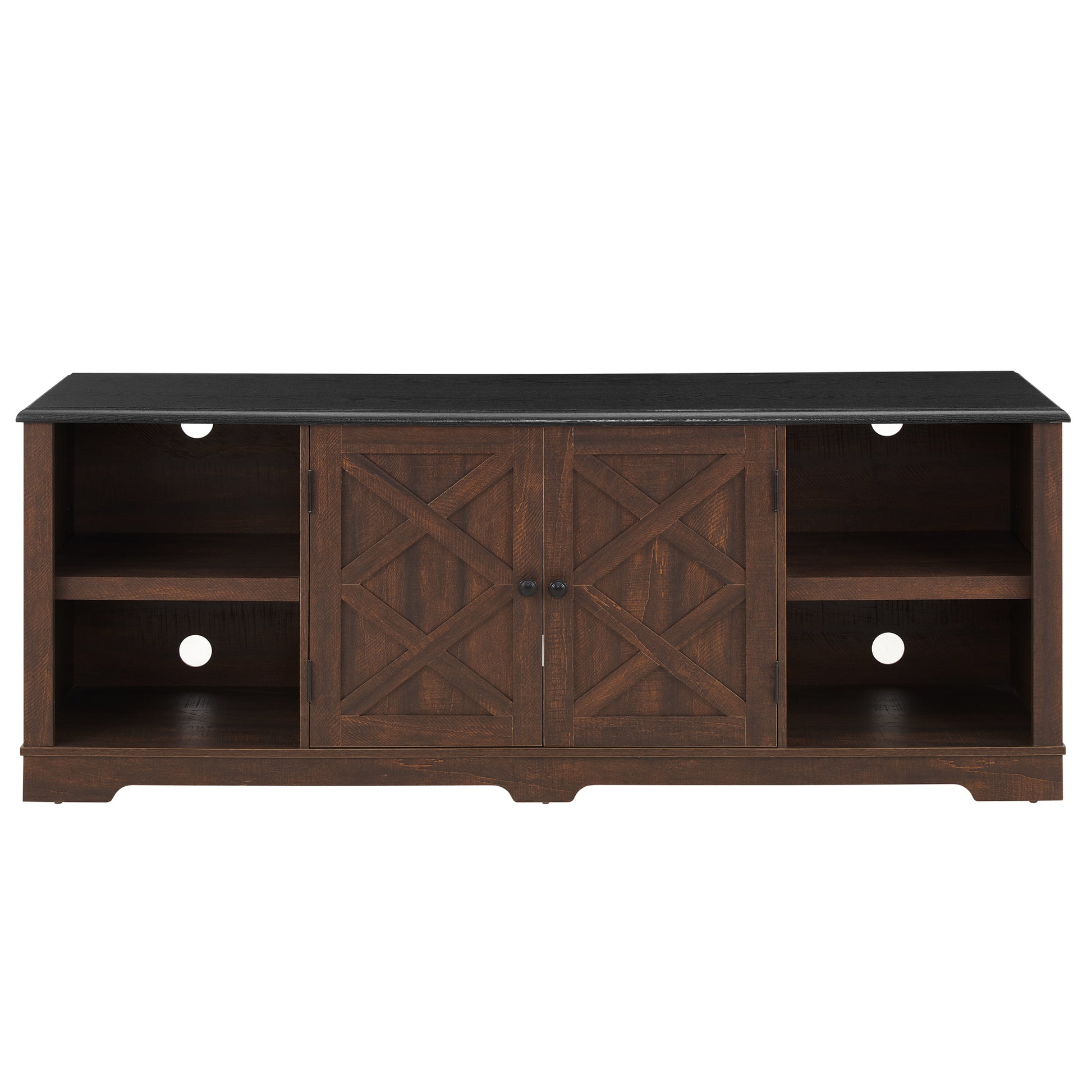 Modern Farmhouse Tv Media Stand, Large Barn Inspired Home Entertainment Console, For Tv Up To 80'', With Open Shelves And Closed Cabinets, Espresso And Black, 70"W*15.55"D*26.89"H Espresso 70 79 Inches 80 Inches Mdf