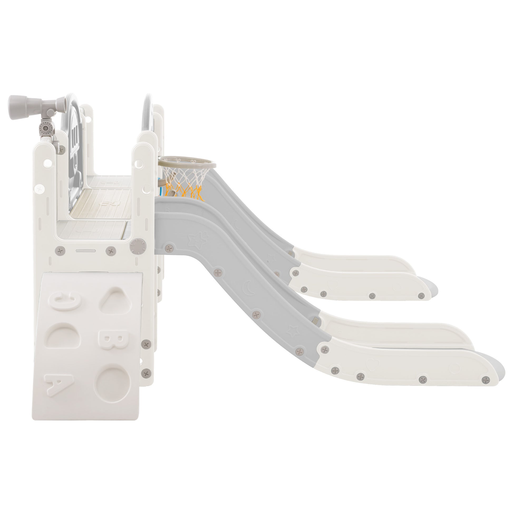 Kids Slide Playset Structure 7 In 1, Freestanding Space Set With Slide, Arch Tunnel, Ring Toss And Basketball Hoop,Double Slides For Toddlers, Kids Climbers Playground Grey White Hdpe