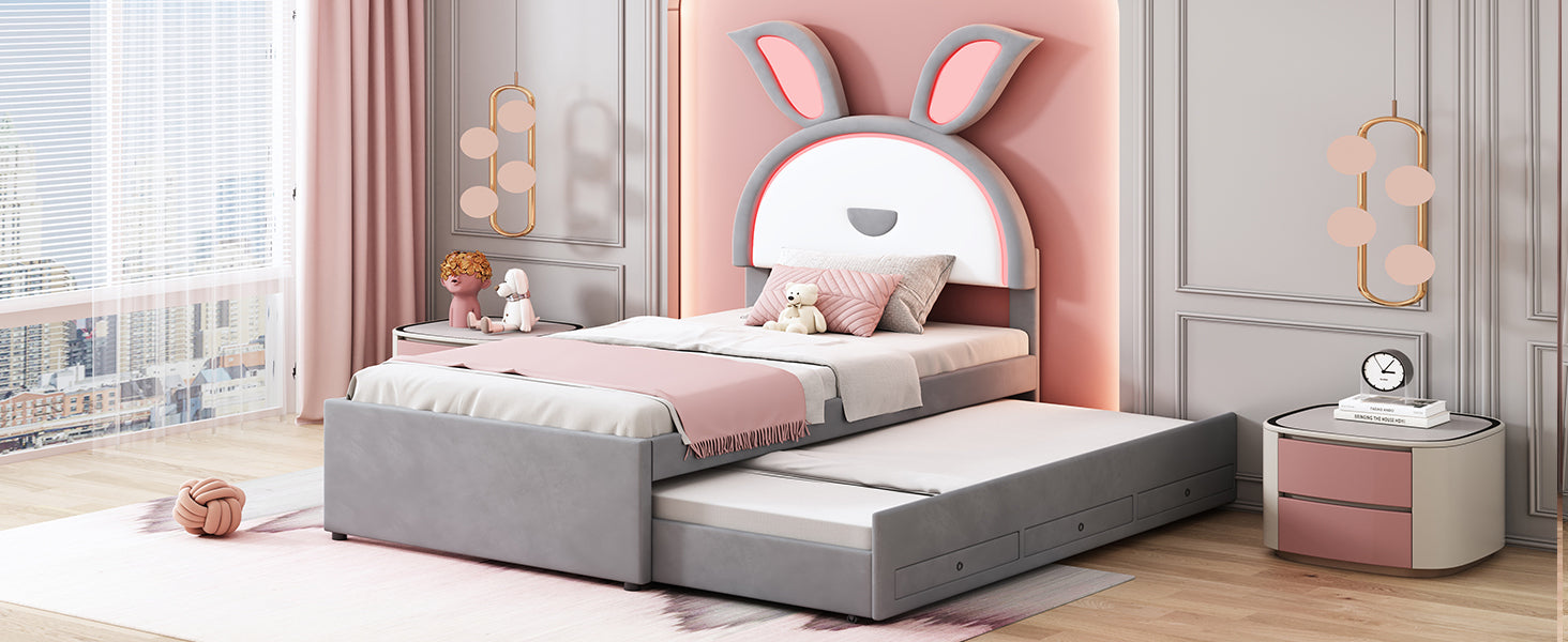 Twin Size Upholstered Platform Bed With Trundle And 3 Drawers, Rabbit Shaped Headboard With Embedded Led Lights, Gray Gray Velvet