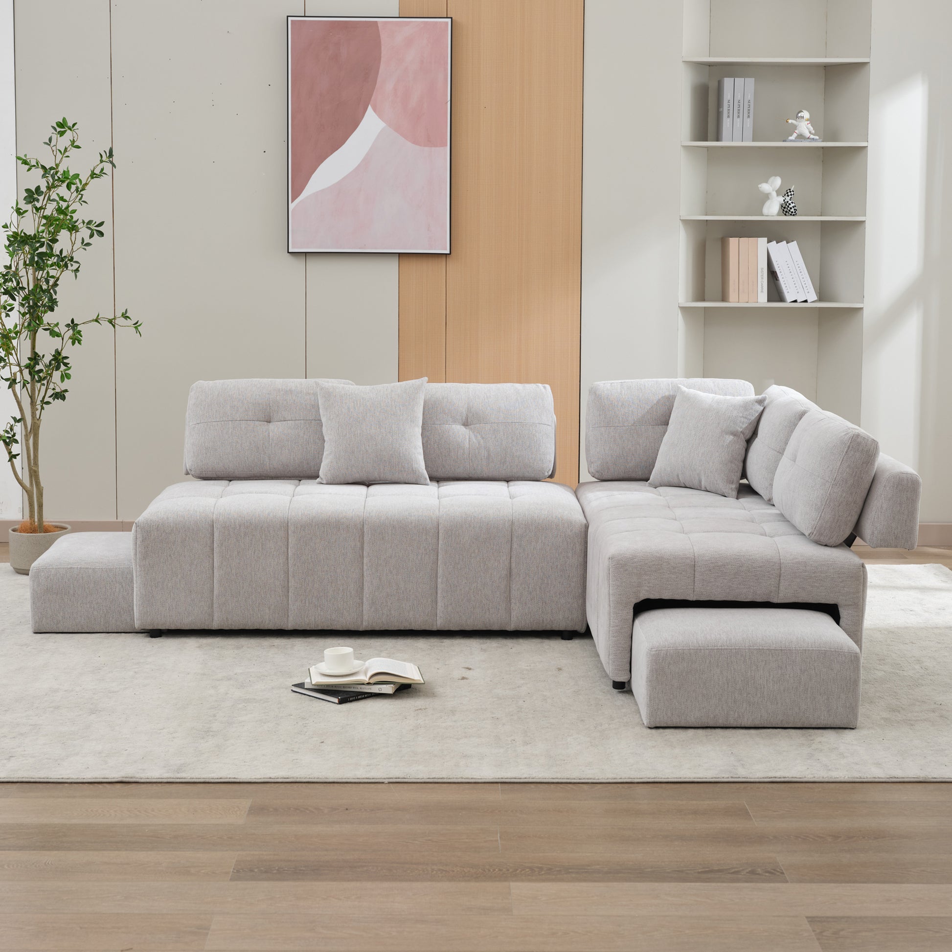 91.73" L Shaped Sofa Sectional Sofa Couch With 2 Stools And 2 Lumbar Pillows For Living Room, Light Grey Light Grey Chenille