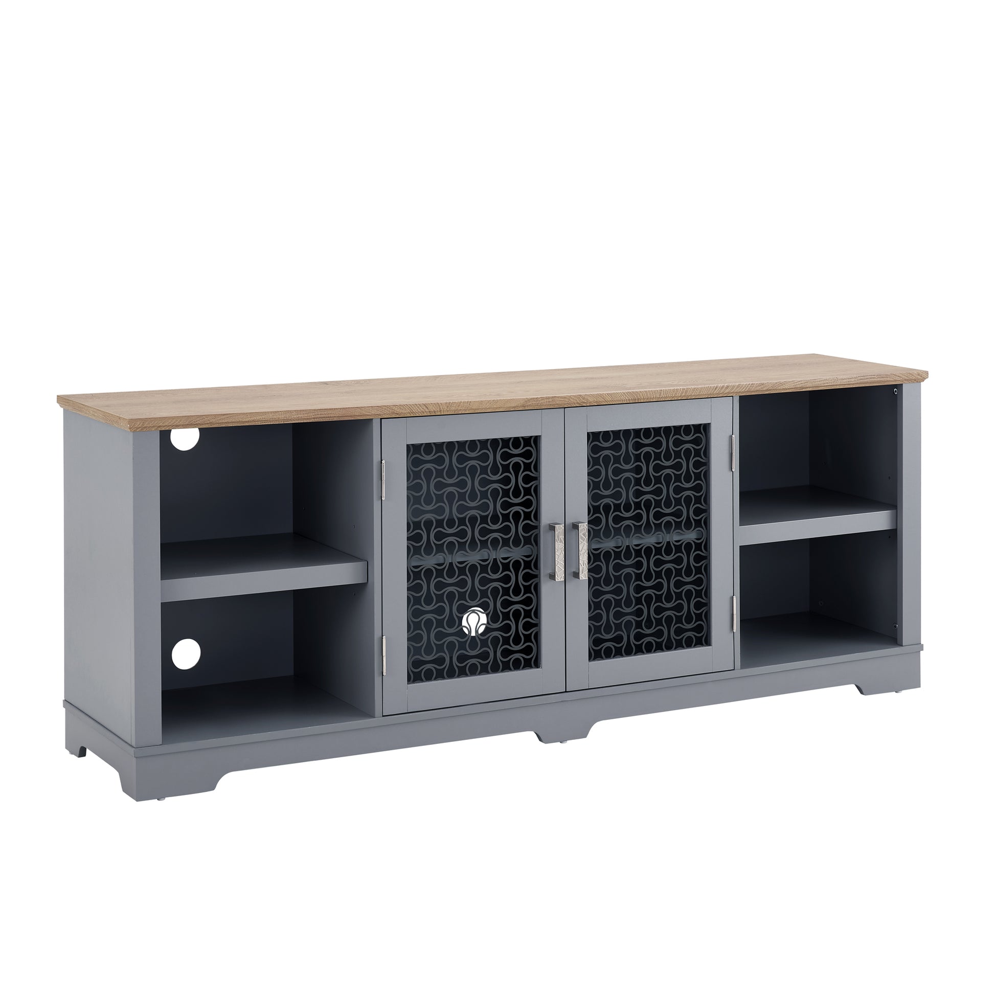 Modern Farmhouse Tv Media Stand, Large Home Entertainment Console, For Tv Up To 80'', With Open Shelves And Glass Door Cabinets, Light Blue And Light Oak, 70"W*15.55"D*26.85"H Light Blue 70 79 Inches 80 Inches Mdf