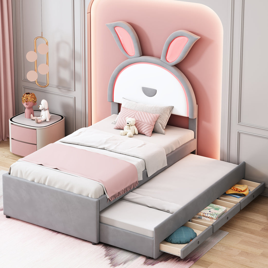 Twin Size Upholstered Platform Bed With Trundle And 3 Drawers, Rabbit Shaped Headboard With Embedded Led Lights, Gray Gray Velvet