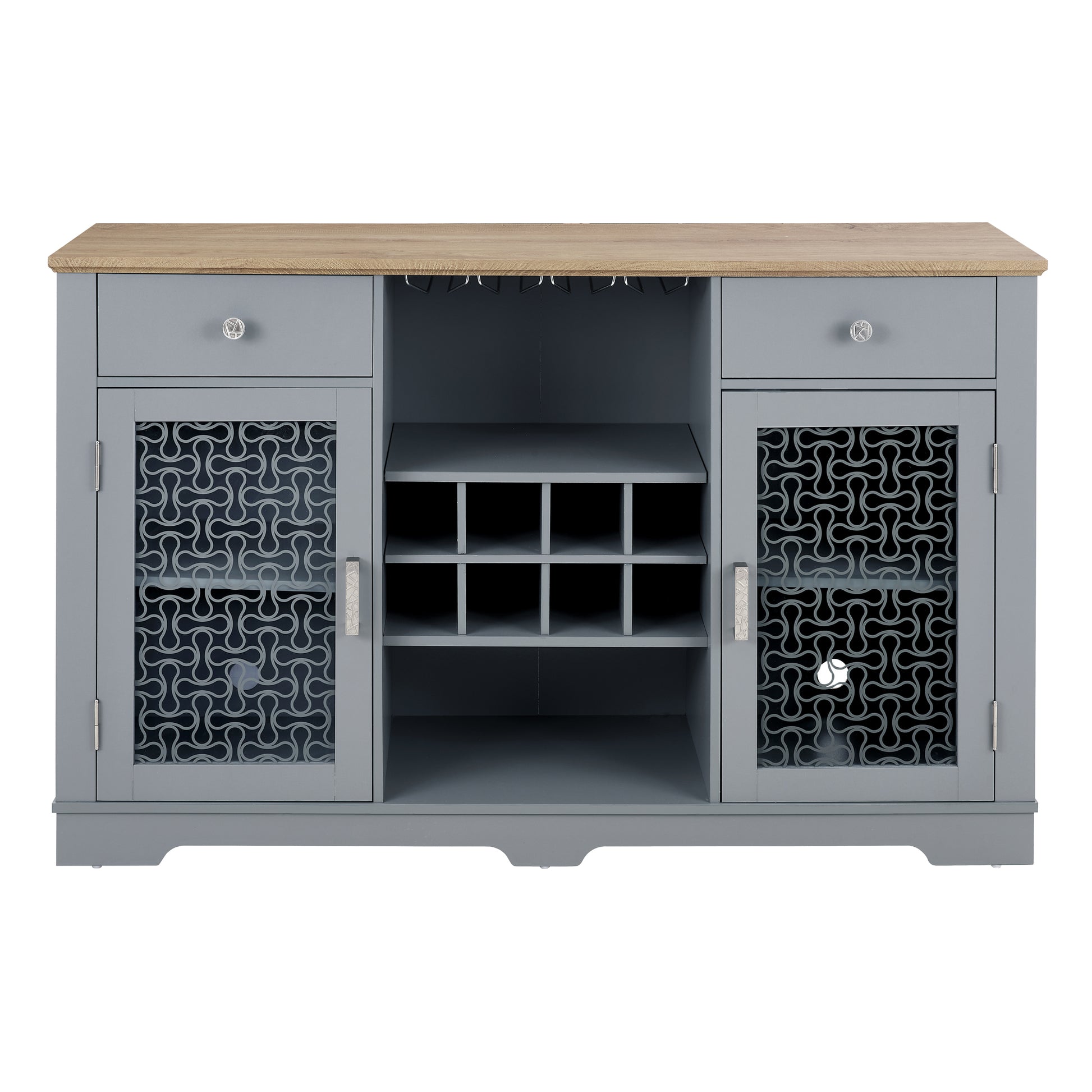 Modern Farmhouse Buffet Cabinet, Sideboard With 2 Drawers And Elegant Glass Door Cabinets, Wine And Glass Rack, Coffee Bar For Kitchen, Dining Room, Light Blue And Light Oak, 56.46"W*15.55"D*35.74"H Light Blue Mdf