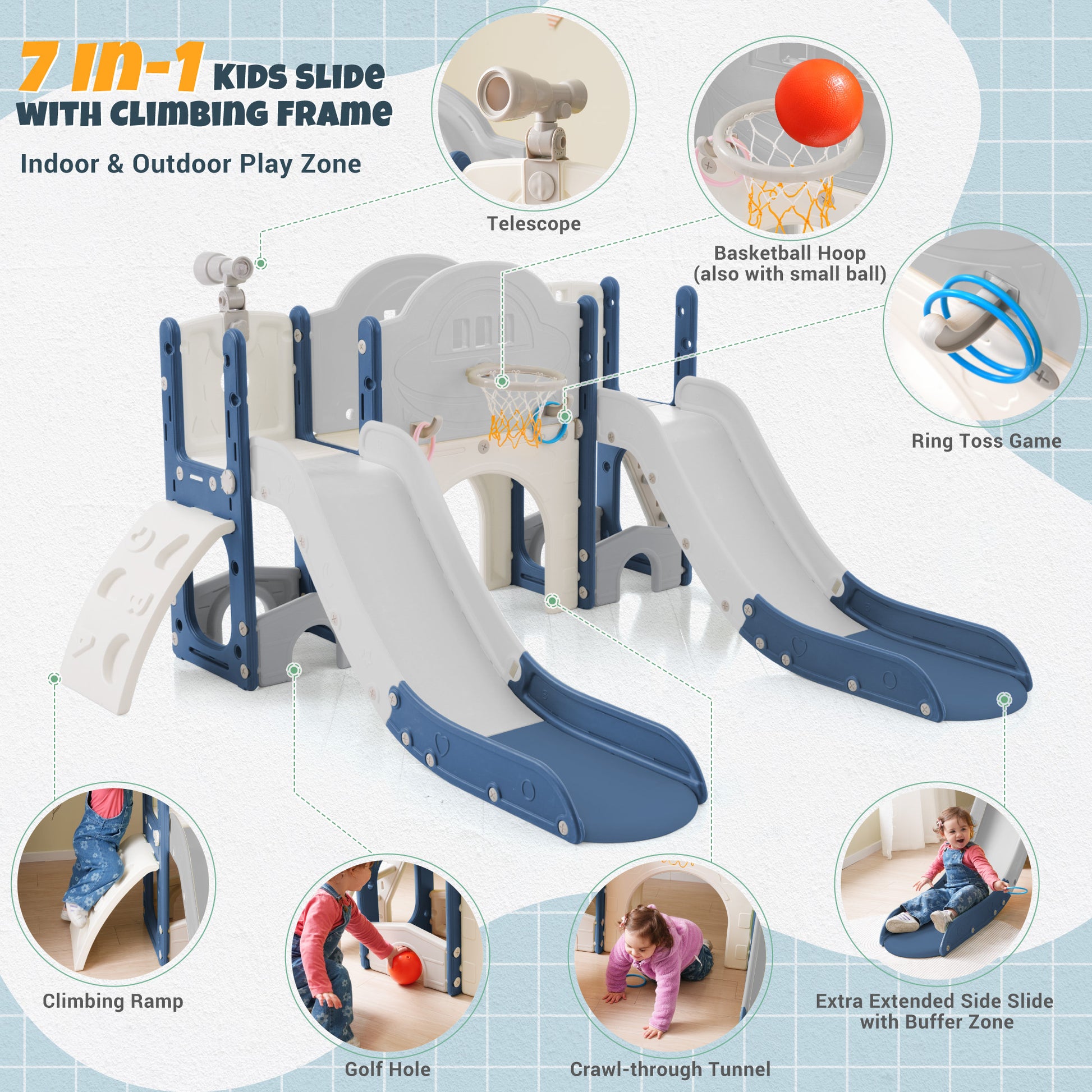 Kids Slide Playset Structure 7 In 1, Freestanding Space Set With Slide, Arch Tunnel, Ring Toss And Basketball Hoop,Double Slides For Toddlers, Kids Climbers Playground Blue Grey Hdpe