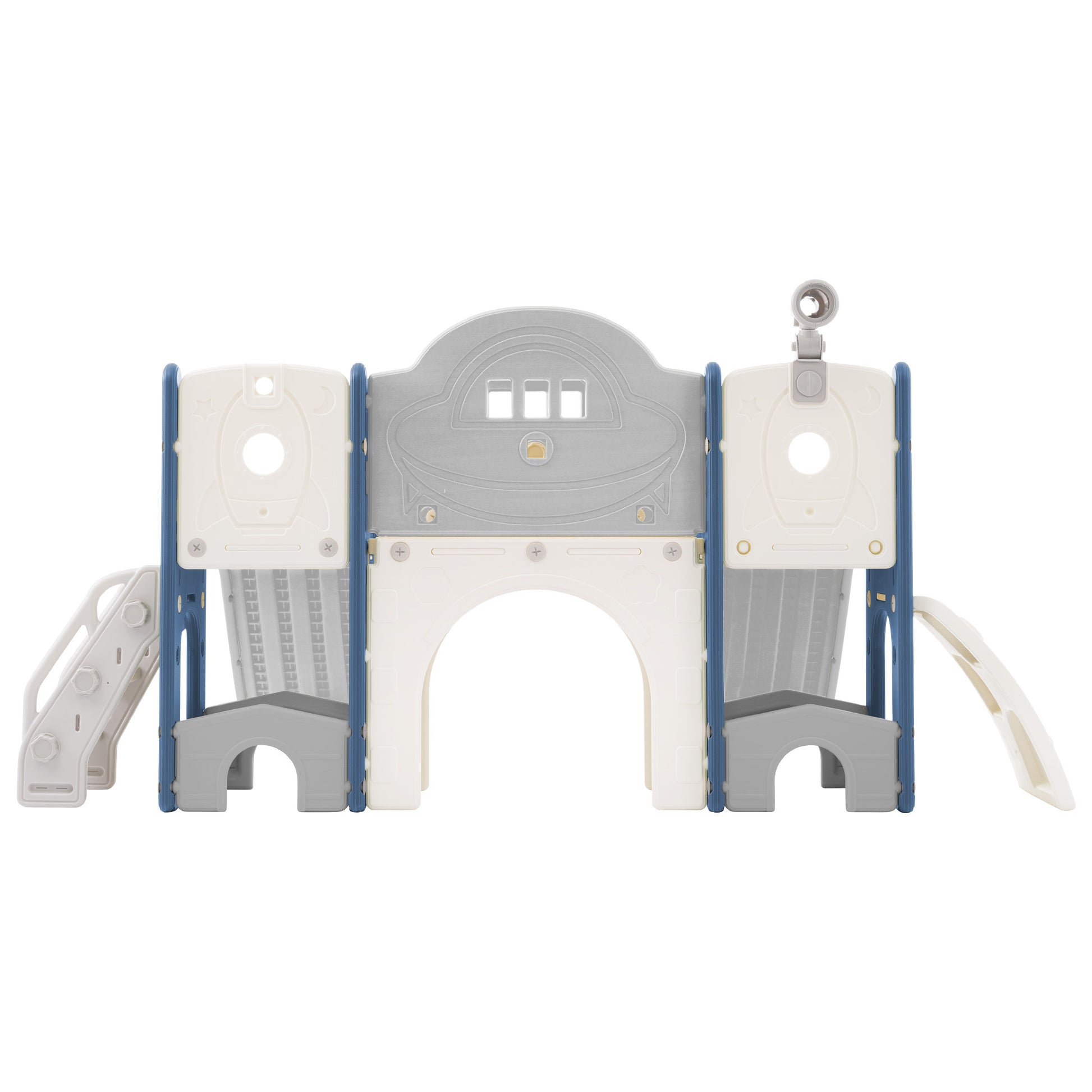 Kids Slide Playset Structure 7 In 1, Freestanding Space Set With Slide, Arch Tunnel, Ring Toss And Basketball Hoop,Double Slides For Toddlers, Kids Climbers Playground Blue Grey Hdpe