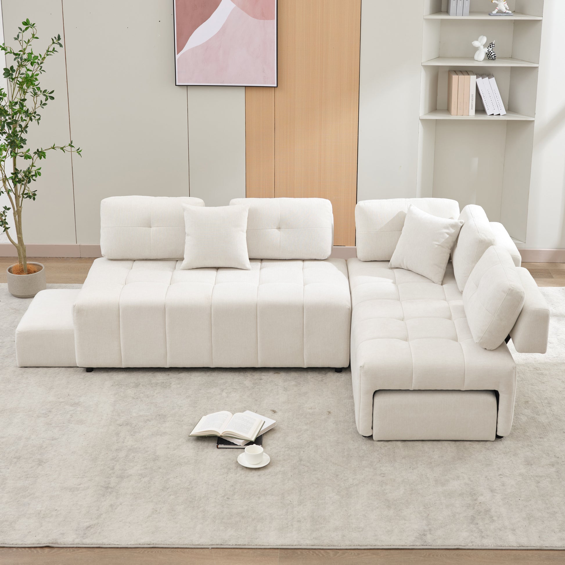 91.73" L Shaped Sofa Sectional Sofa Couch With 2 Stools And 2 Lumbar Pillows For Living Room, Biege Beige Chenille