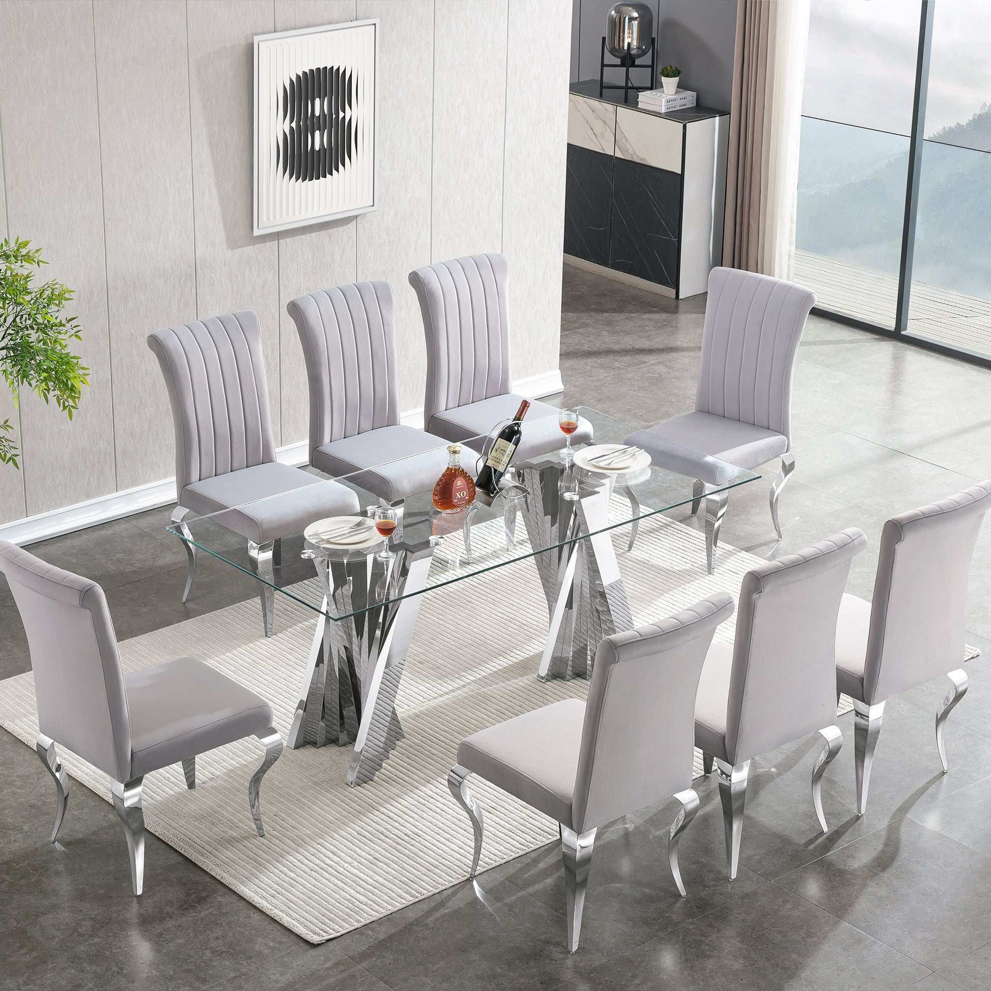 Tempered Glass Top Dining Table With Silver Mirror Finish Stainless Steel Base Silver Tempered Glass