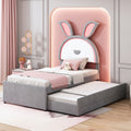 Twin Size Upholstered Platform Bed With Trundle And 3 Drawers, Rabbit Shaped Headboard With Embedded Led Lights, Gray Gray Velvet