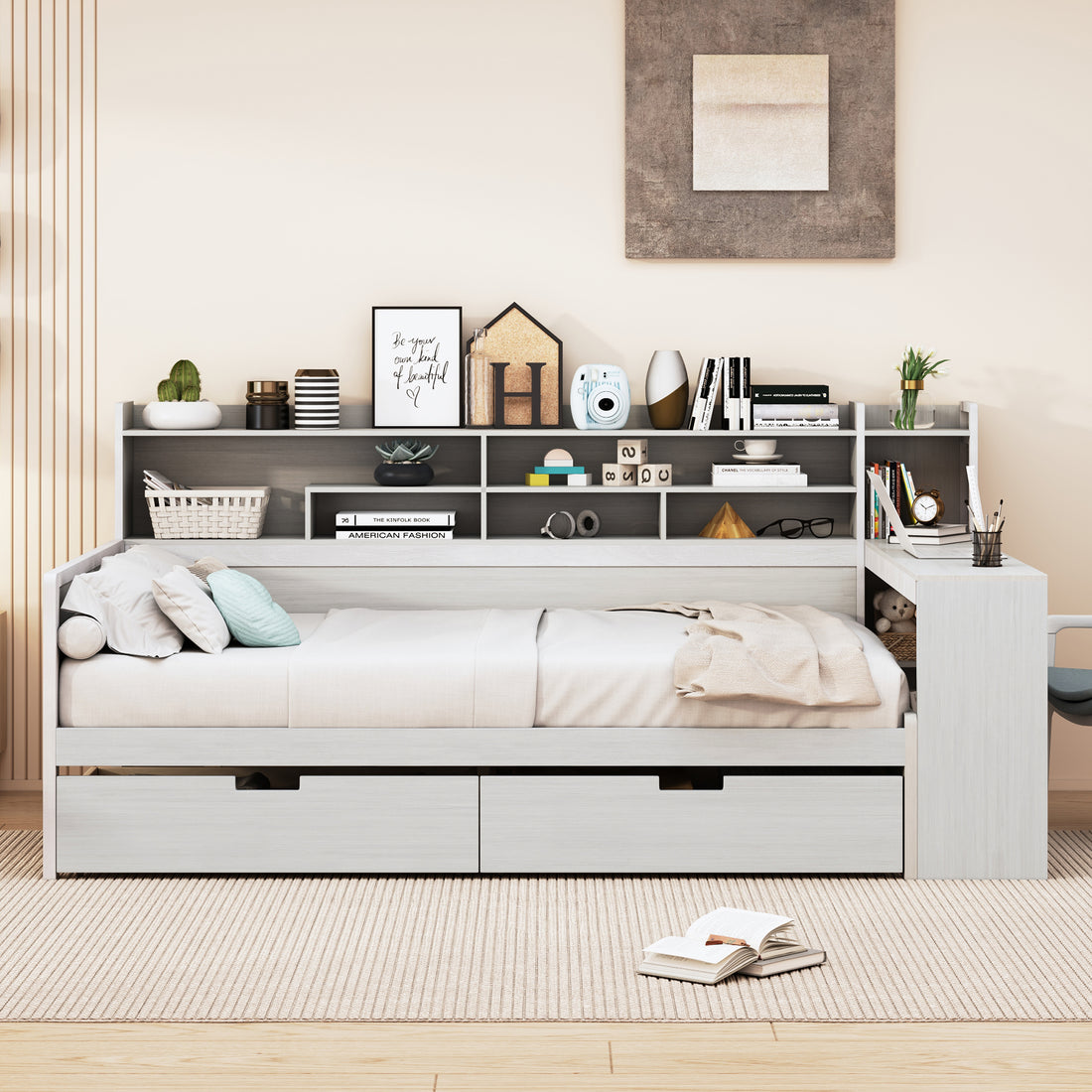 Wooden Full Size Daybed With Storage Shelves, Multi Functional Bed With Two Storage Drawers And Study Desk, Antique White Old Sku: Hl000089Aak Full Antique White Wood
