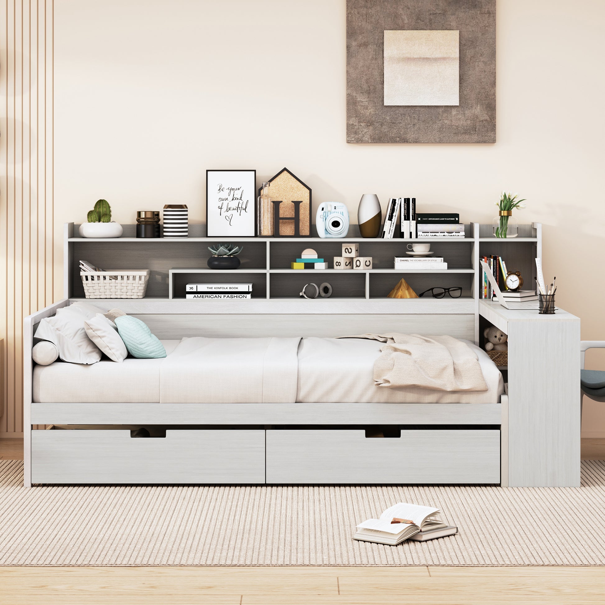 Wooden Full Size Daybed With Storage Shelves, Multi Functional Bed With Two Storage Drawers And Study Desk, Antique White Old Sku: Hl000089Aak Full Antique White Wood