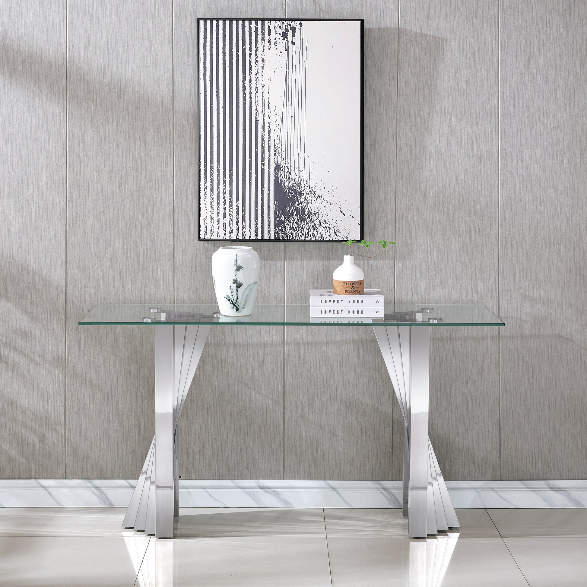 Tempered Glass Top Console Table With Silver Mirror Finish Stainless Steel Base Silver Tempered Glass