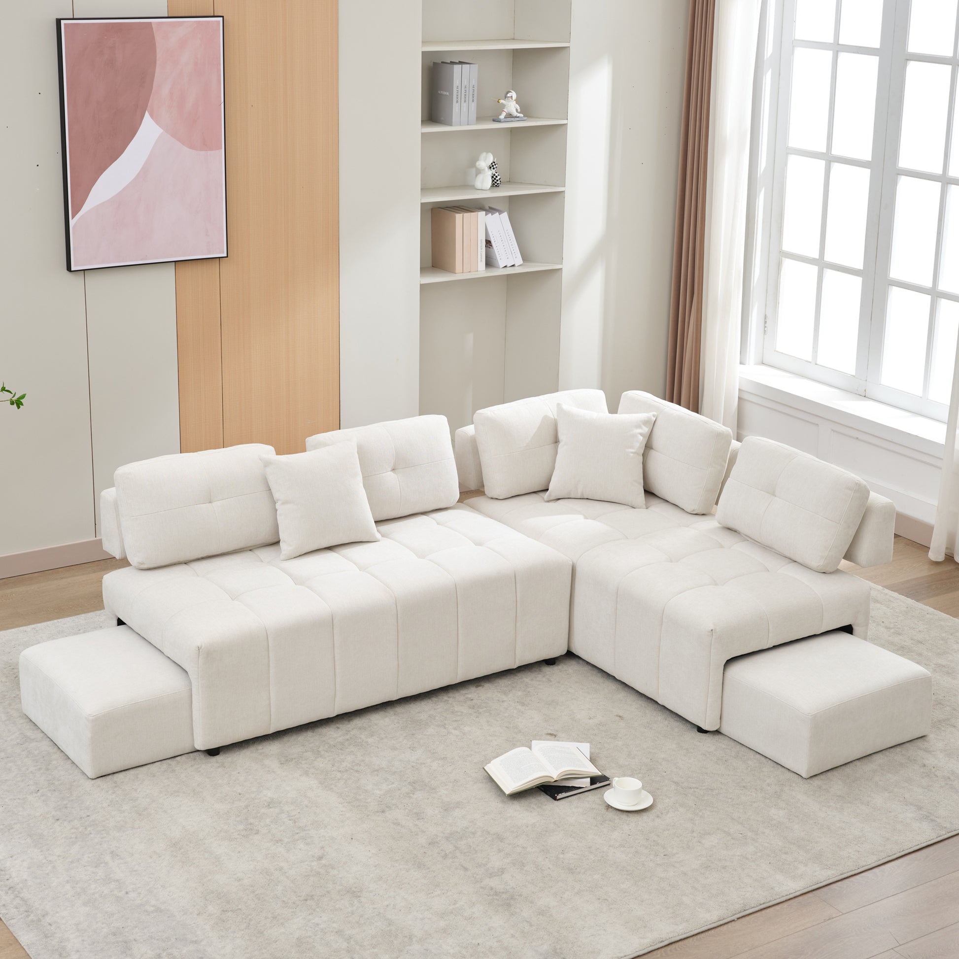 91.73" L Shaped Sofa Sectional Sofa Couch With 2 Stools And 2 Lumbar Pillows For Living Room, Biege Beige Chenille