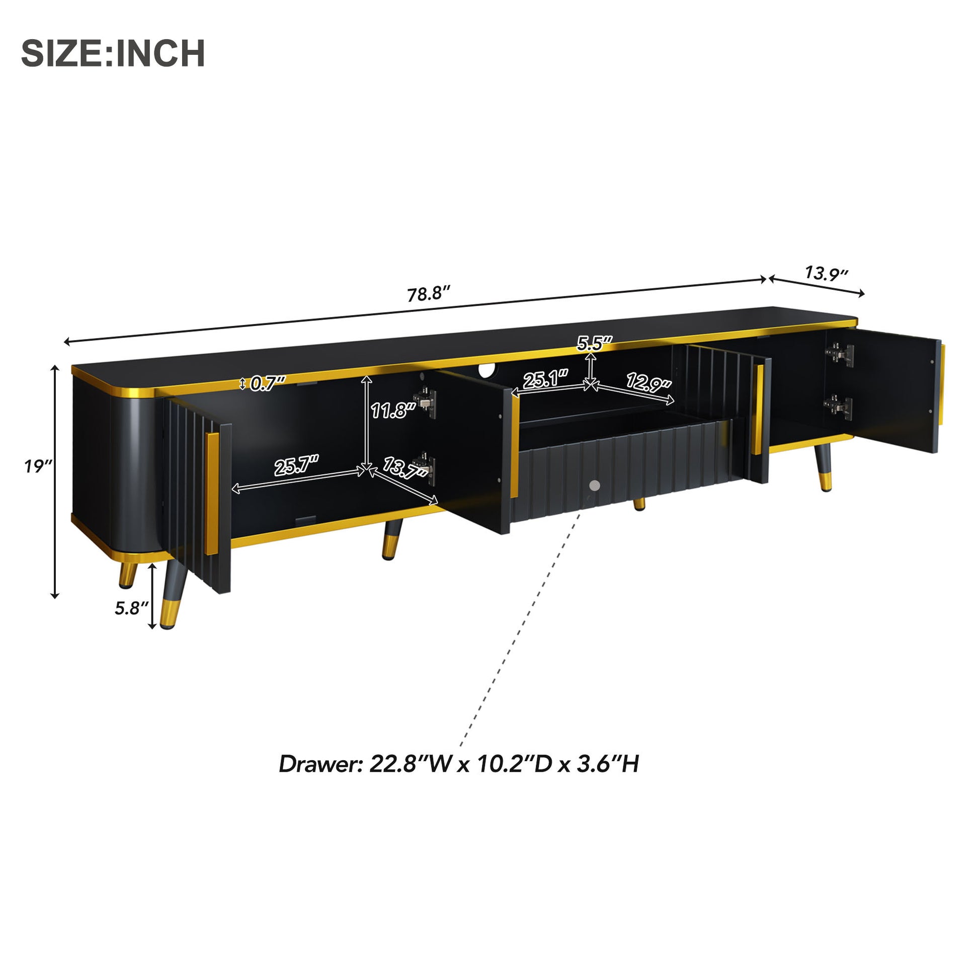 Luxury Minimalism Tv Stand With Open Storage Shelf For Tvs Up To 85", Entertainment Center With Cabinets And Drawers, Practical Media Console With Unique Legs For Living Room, Black Gold Black Primary Living Space 80 89 Inches 80 89 Inches 85 Inches