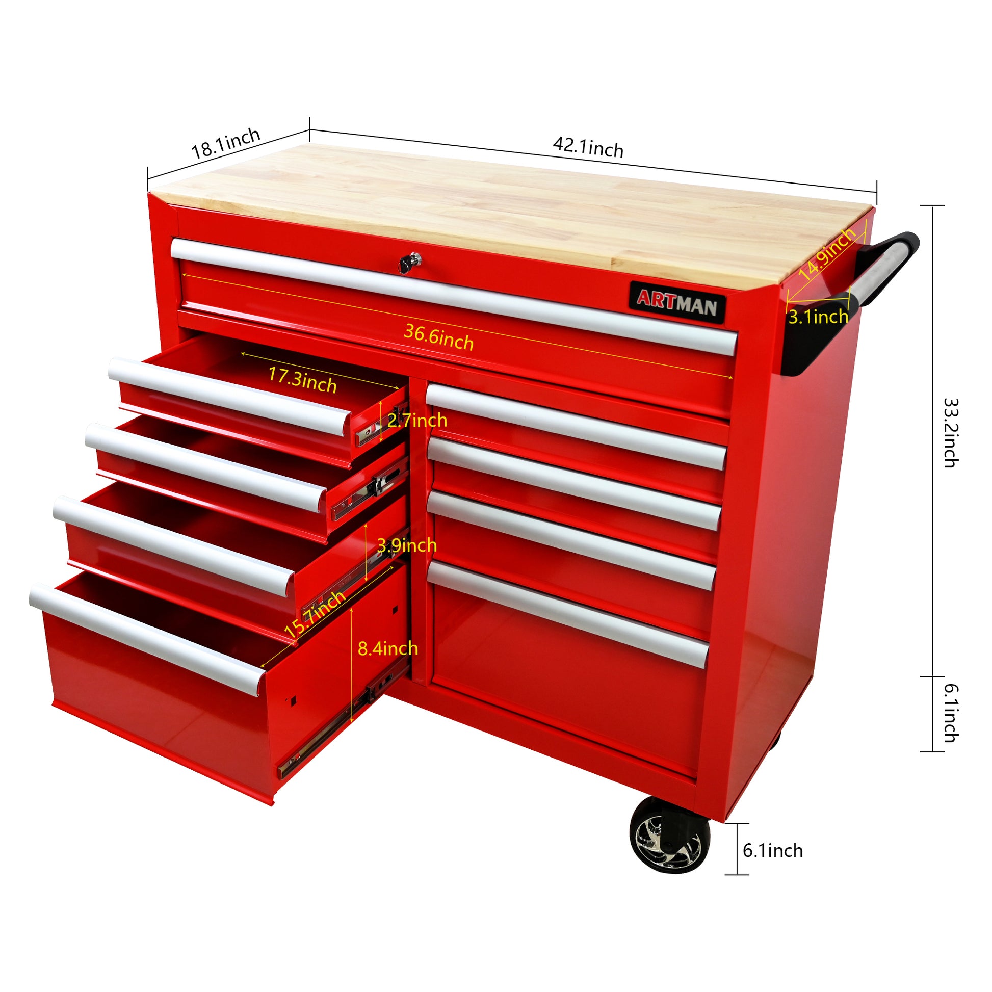 9 Drawers Multifunctional Tool Cart With Wheels And Wooden Top Red Steel