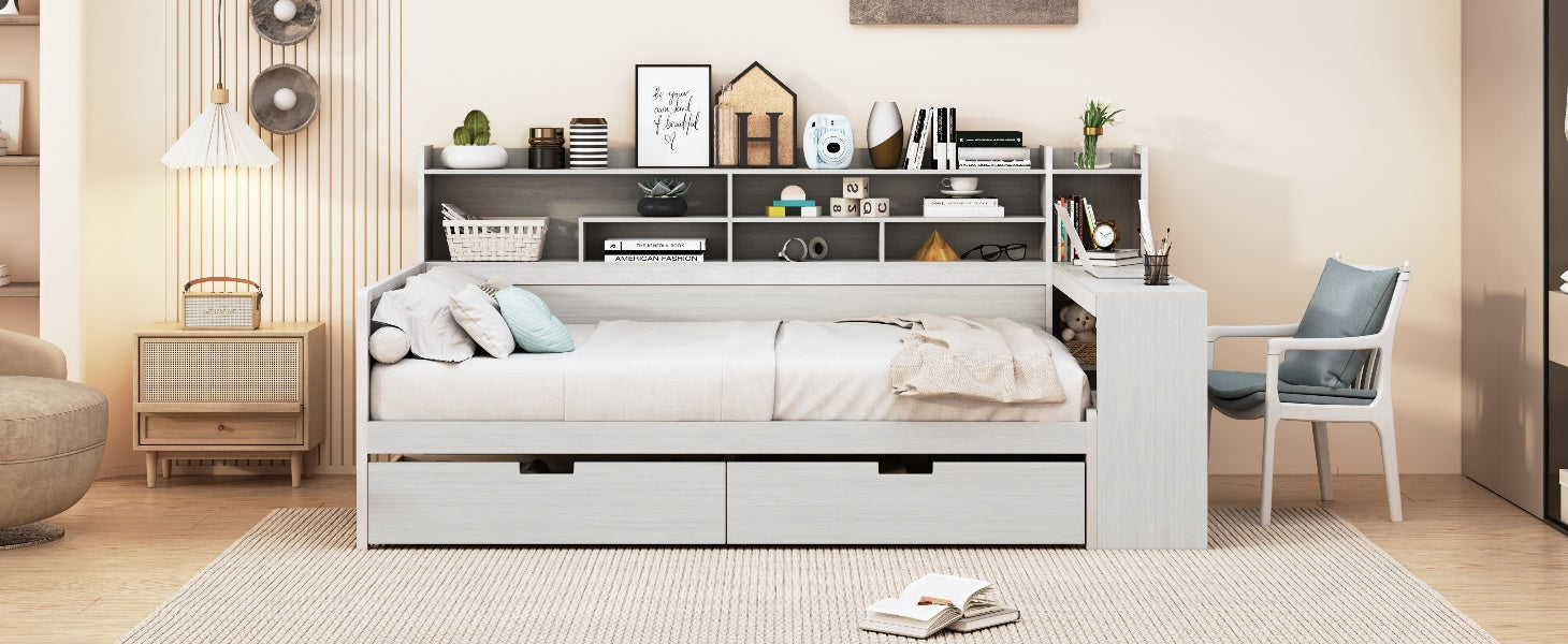 Wooden Full Size Daybed With Storage Shelves, Multi Functional Bed With Two Storage Drawers And Study Desk, Antique White Old Sku: Hl000089Aak Full Antique White Wood