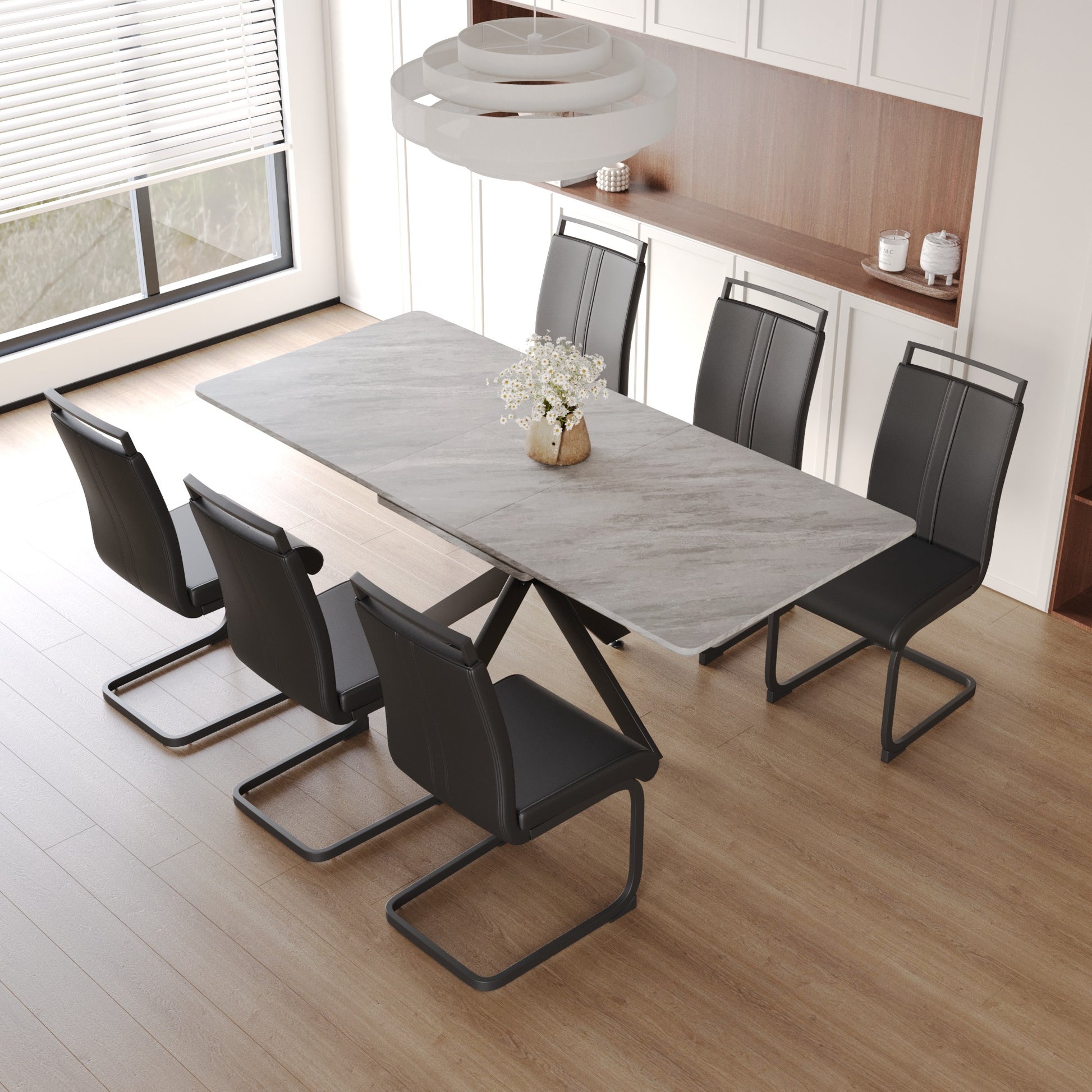 Scalable Dining Table Table Set For 6 8 Person For Dining Room,C Shaped Tube Soft Padded Armless Dining Chairs And Very Large Dining Room Table Kitchen Table Chair Set With Metal Legs Black Gray Mdf Metal