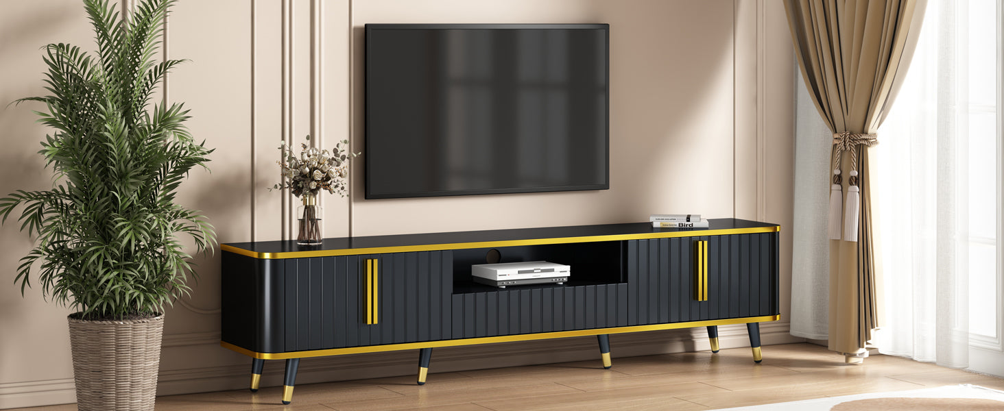 Luxury Minimalism Tv Stand With Open Storage Shelf For Tvs Up To 85", Entertainment Center With Cabinets And Drawers, Practical Media Console With Unique Legs For Living Room, Black Gold Black Primary Living Space 80 89 Inches 80 89 Inches 85 Inches