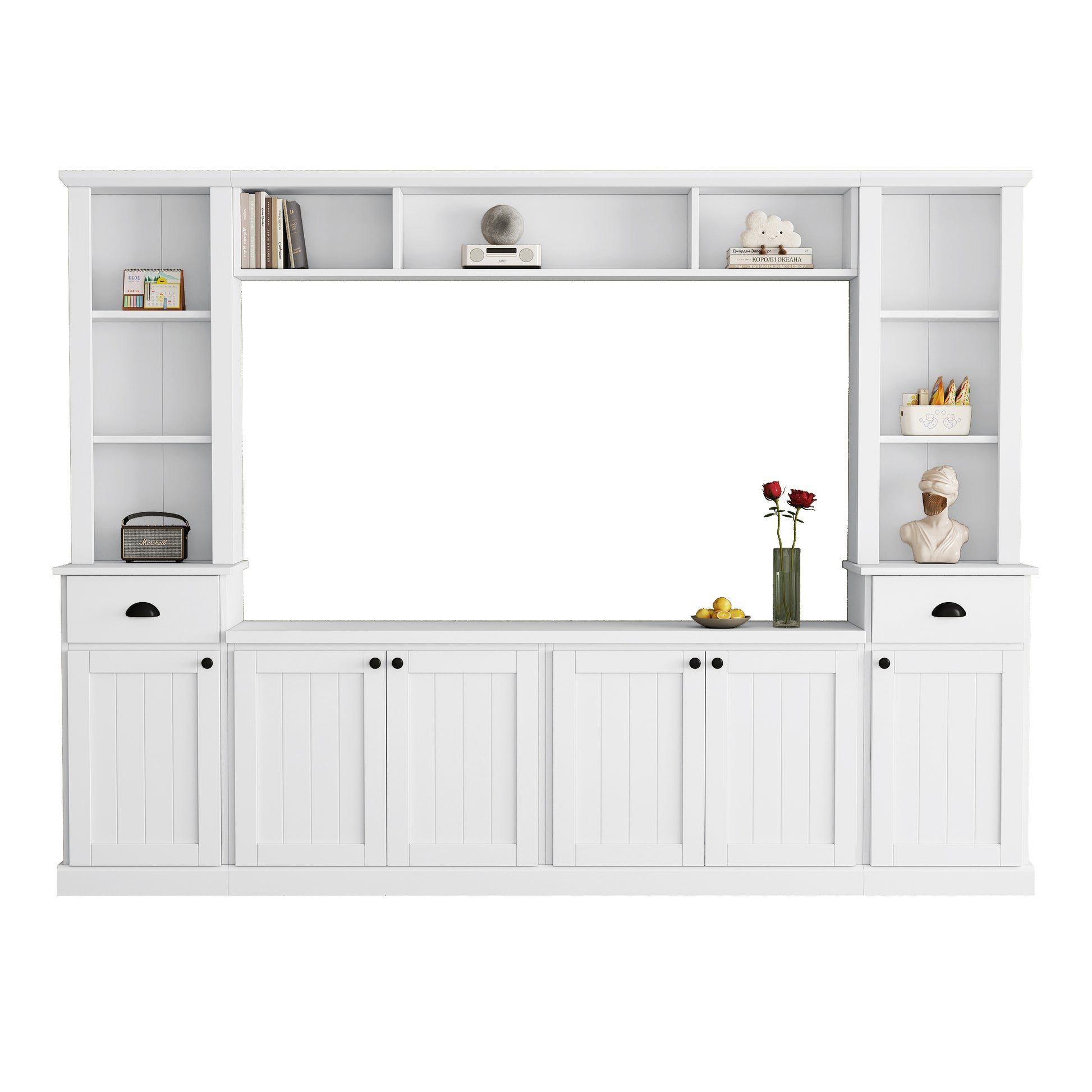 Minimalist Entertainment Wall Unit Set With Bridge For Tvs Up To 75'', Large Storage Space Tv Stand With Adjustable Shelves, Modernist Large Media Console For Living Room, White White Primary Living Space 70 79 Inches 70 79 Inches 75 Inches Particle