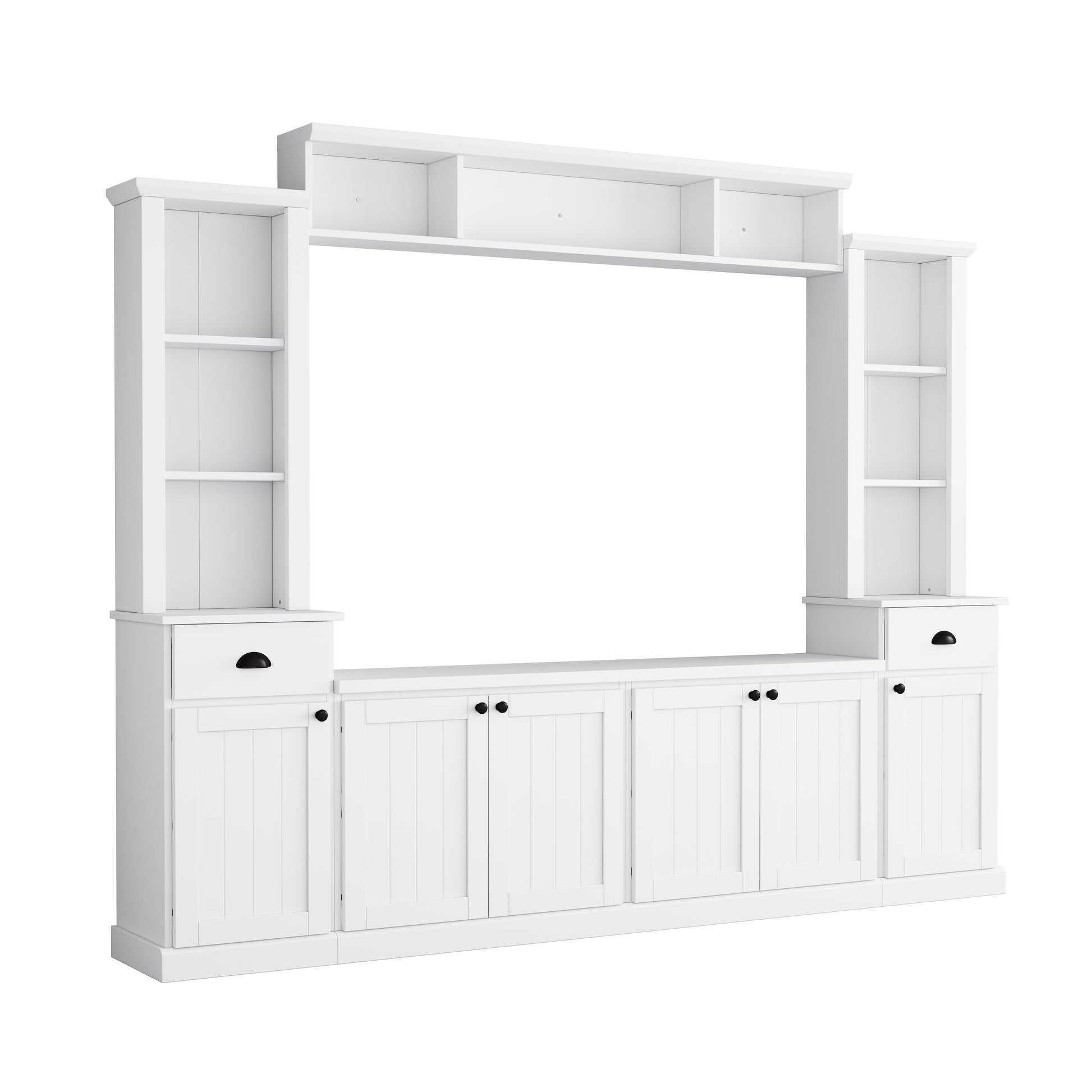 Minimalist Entertainment Wall Unit Set With Bridge For Tvs Up To 75'', Large Storage Space Tv Stand With Adjustable Shelves, Modernist Large Media Console For Living Room, White White Primary Living Space 70 79 Inches 70 79 Inches 75 Inches Particle