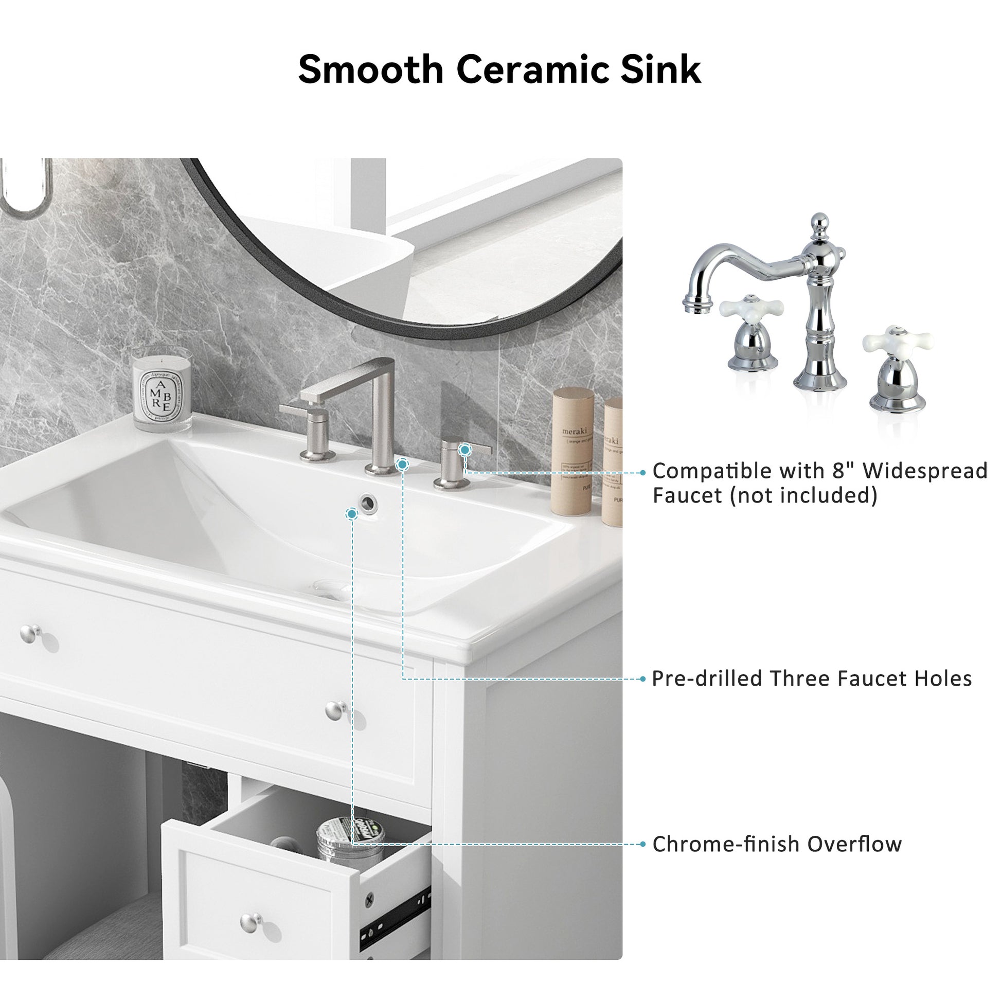 30" Bathroom Vanity With Sink Top, Bathroom Vanity Cabinet With Door And Two Drawers, Mdf Boards, Solid Wood, One Package, White White Solid Wood Mdf