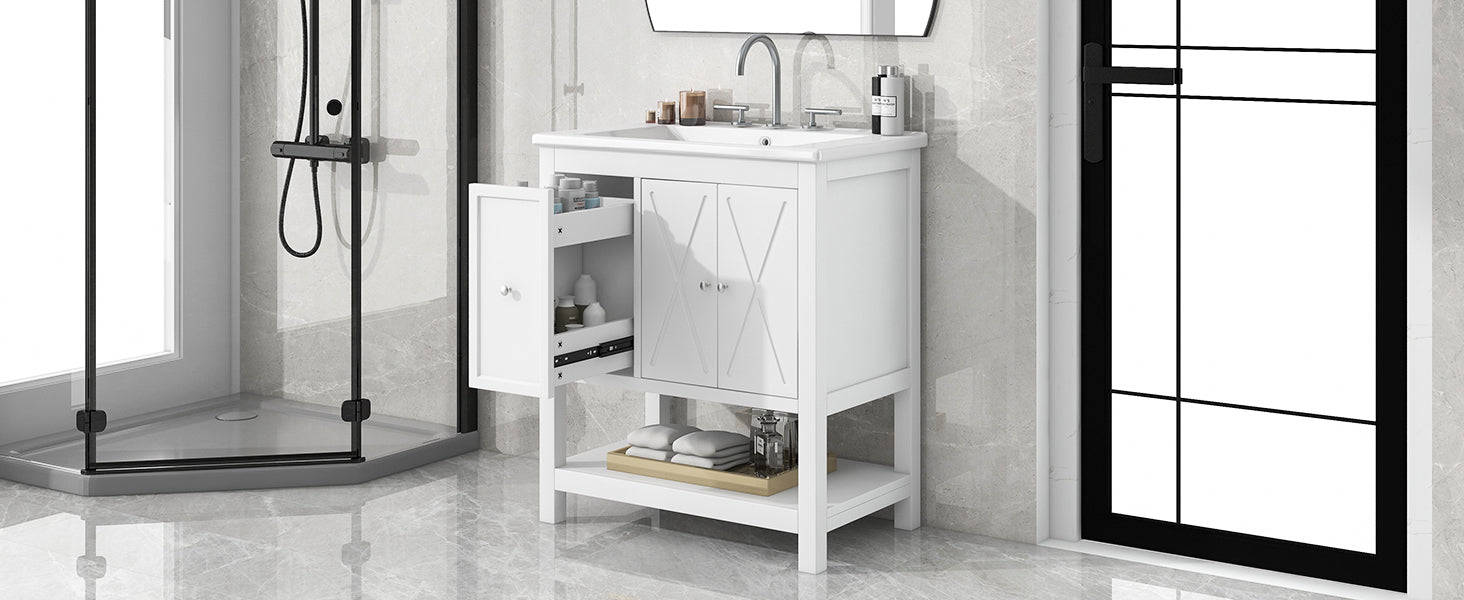 30" Bathroom Vanity With Sink Top, Bathroom Vanity Cabinet With Two Doors And One Drawer, Mdf Boards, Solid Wood, One Package, White White Solid Wood Mdf