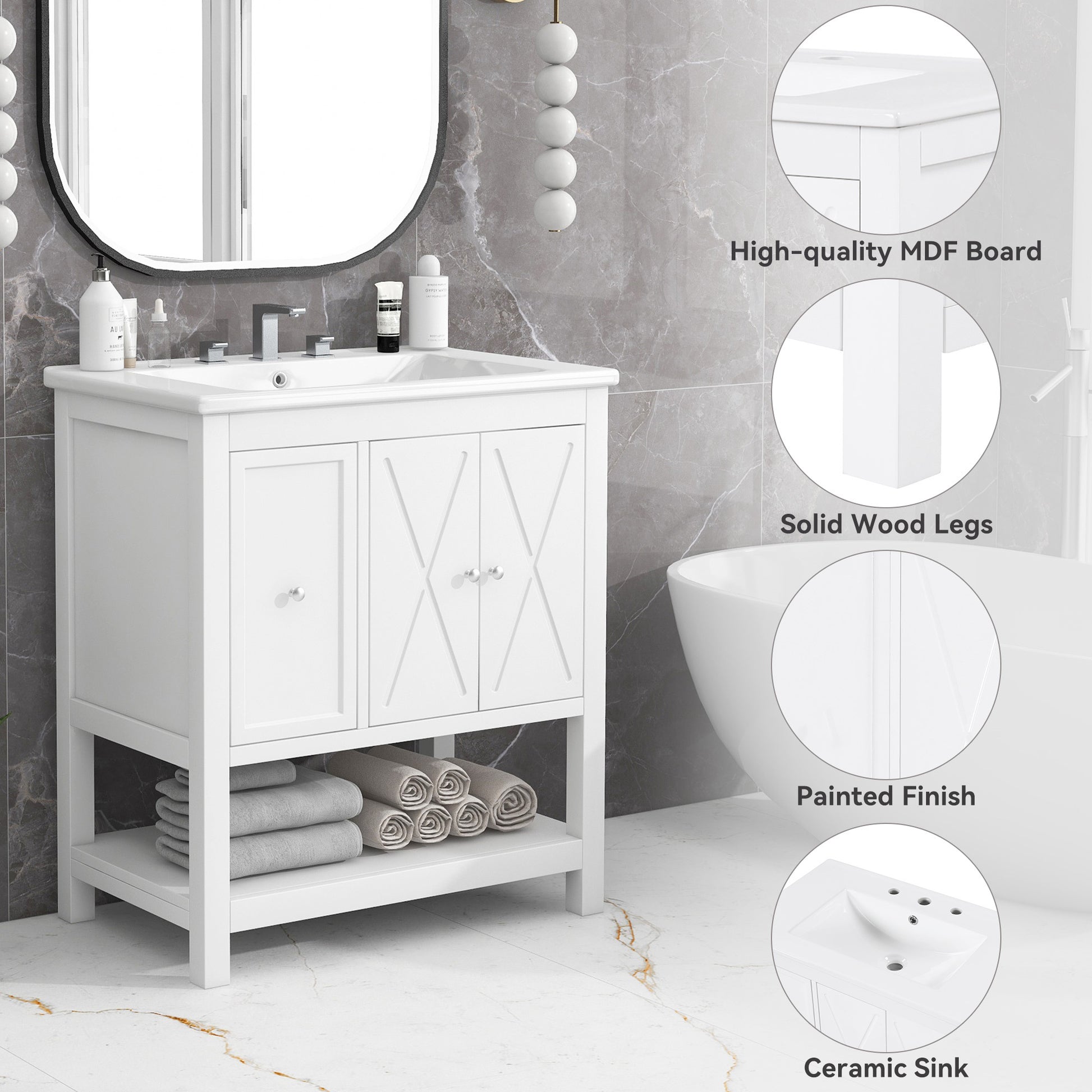 30" Bathroom Vanity With Sink Top, Bathroom Vanity Cabinet With Two Doors And One Drawer, Mdf Boards, Solid Wood, One Package, White White Solid Wood Mdf