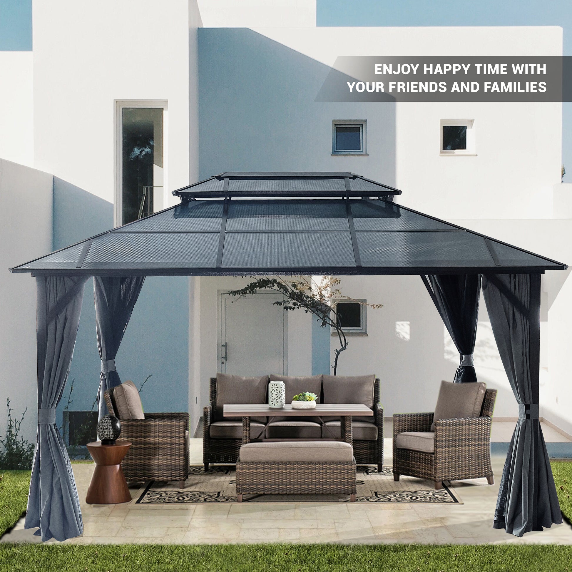 10'X13' Hardtop Gazebo, Outdoor Polycarbonate Double Roof Canopy, Aluminum Frame Permanent Pavilion With Curtains And Netting, Sunshade For Garden, Patio, Lawns Black Aluminum