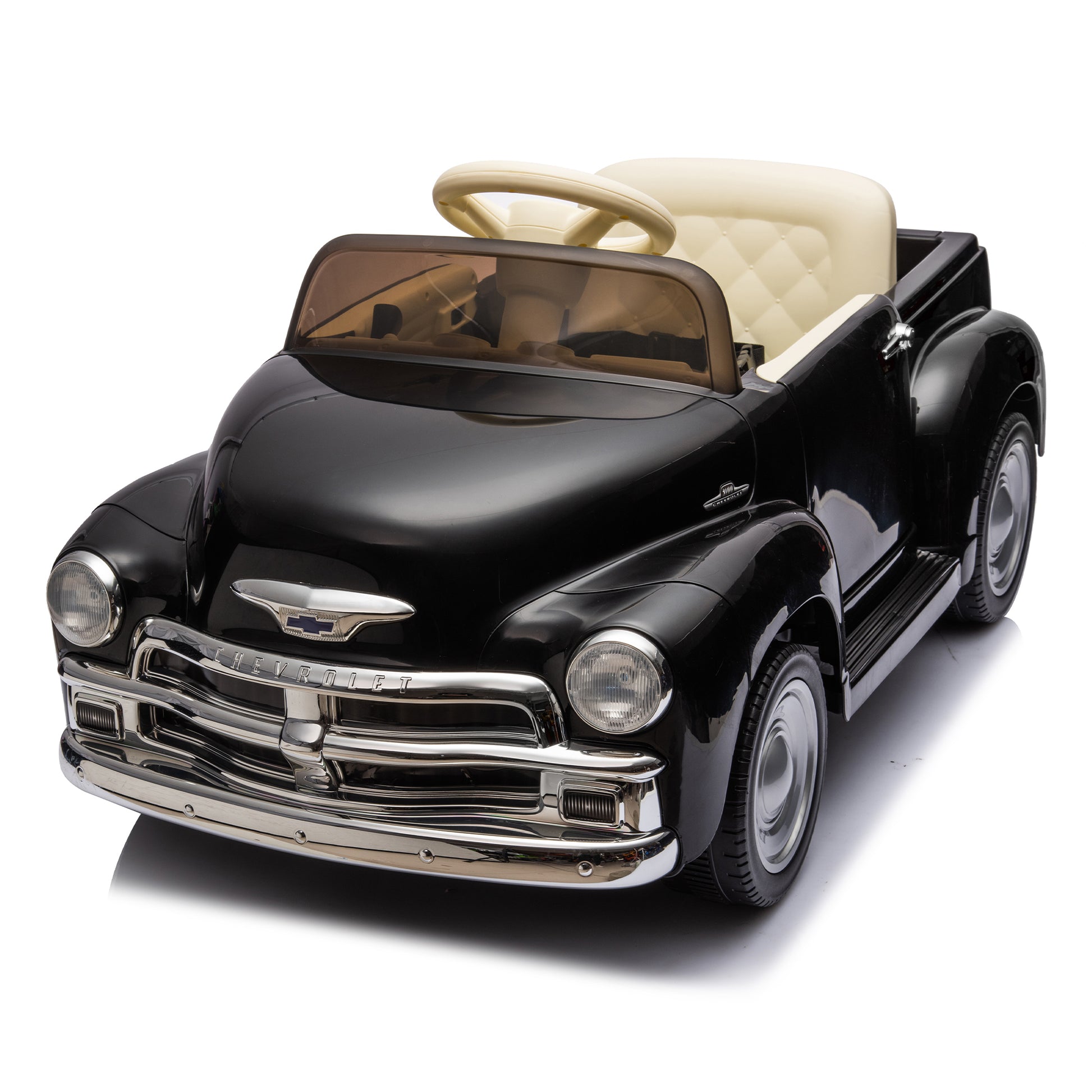 12V Kids Ride On Truck Car W Parents Control, Licensed Chevrolet 3100 Pickup,Electric Car For Kid,Vintage Modeling,3 Speeds,Led Lights,Bluetooth,Usb,High Power Up To 3.11 Mph,Age 3 Black Polypropylene