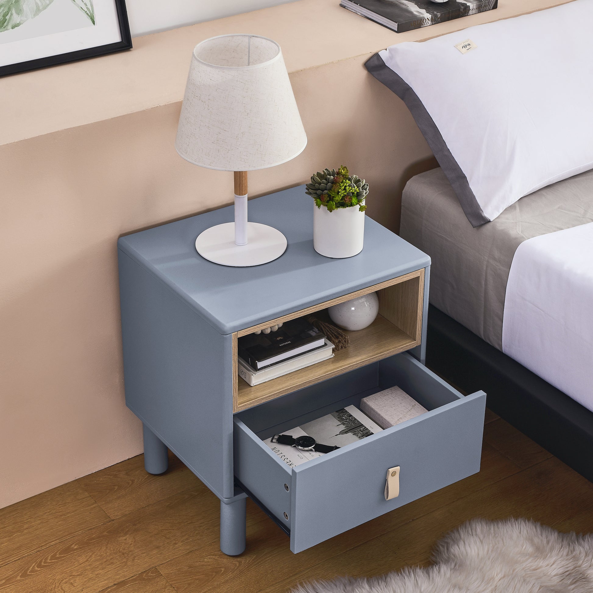 Single Drawer Bedside Table, Modern Style Bedside Table, Wooden Bedside Table, Bedside Table With Drawer, Side Table With Drawer, Compact Bedside Table, Nordic Style Bedside Table Blue Solid Wood