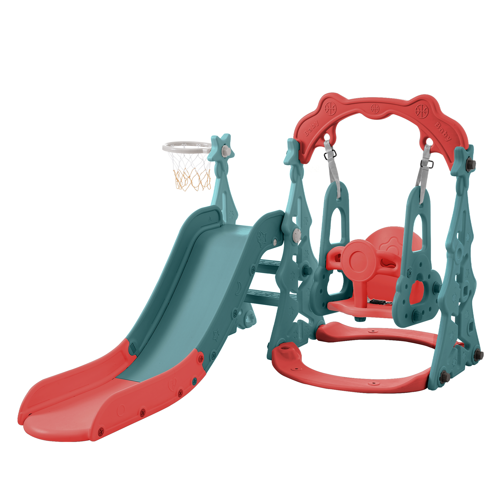 Toddler Slide And Swing Set 3 In 1, Kids Playground Climber Swing Playset With Basketball Hoops Freestanding Combination Indoor & Outdoor Red Hdpe