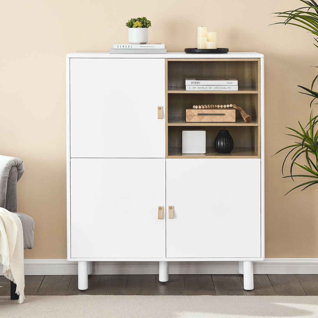 Storage Cabinet With Door, Multifunctional Storage Cabinet, Modern Sideboard Cabinet, Wooden Storage Cabinet, Leather Handle Drawer Cabinet, Home Storage Cabinet, Office Cabinet White Solid Wood Mdf