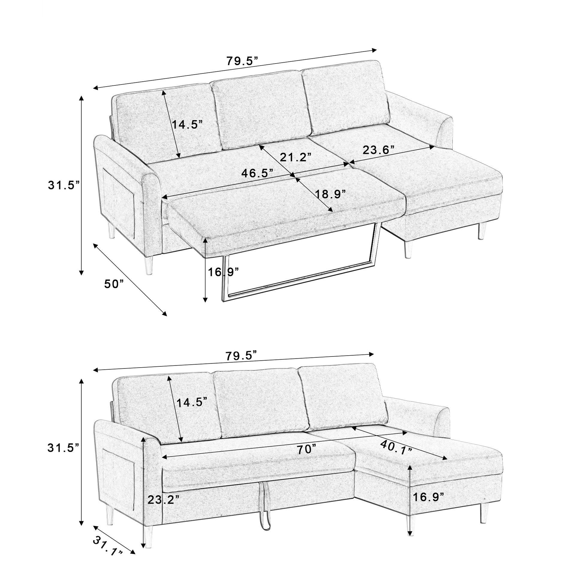 Adjustable L Shaped Sofa Bed With Chaise Blue Grey, Upholstered Fabric Sleeper Sectional Sofa With Chaise Modern Craftsman Fashion Sofa Set, Apartment Living Room Sofa With For Small Space Blue Gray Fabric