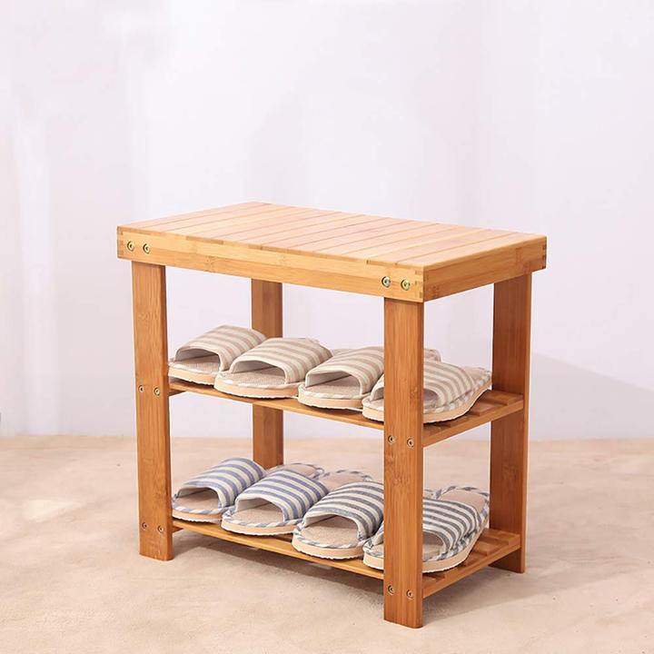 2 Tier Bamboo Shoe Bench Rack Shoe Storage Natural Bamboo